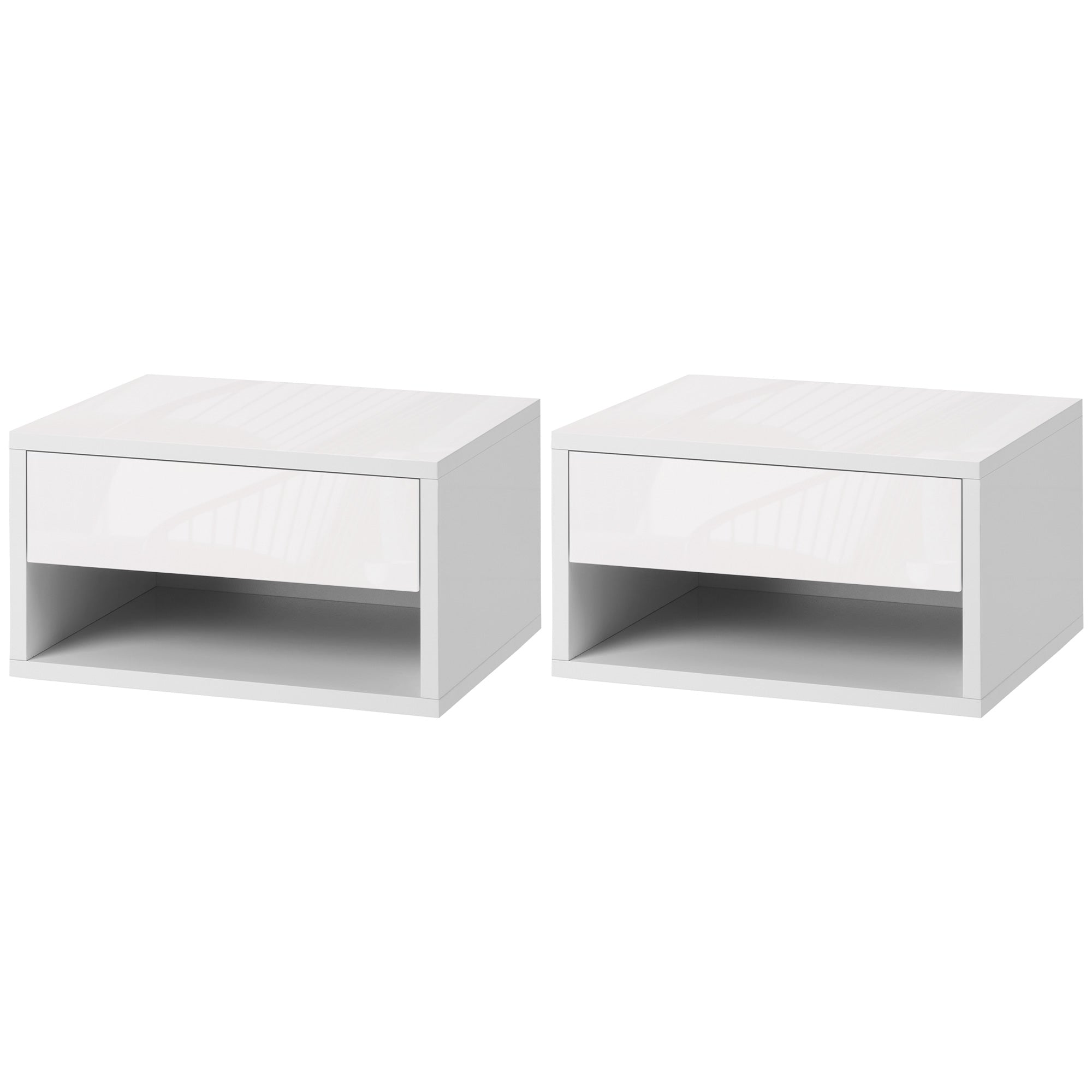 HOMCOM Floating Bedside Table Set of 2 Wall Mounted Nightstand with Storage Drawer and Open Shelf for Bedroom, High Gloss White