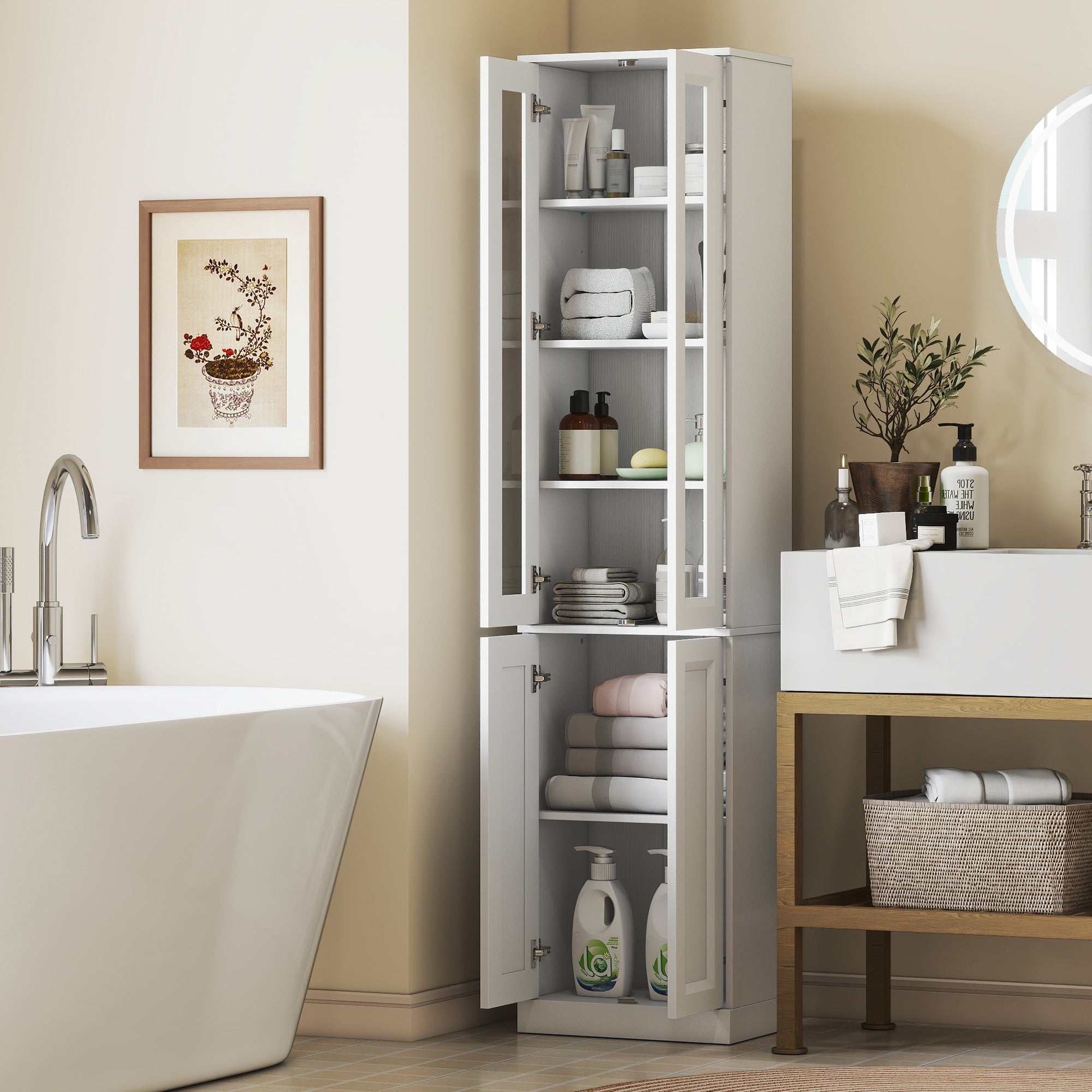 Tall Bathroom Storage Cabinet, 6-Tier Slim Freestanding Bathroom Cabinet with Adjustable Shelf, 4 Soft-Close Doors, Storage Unit for Small Space, 38 x 26 x 160 cm, White