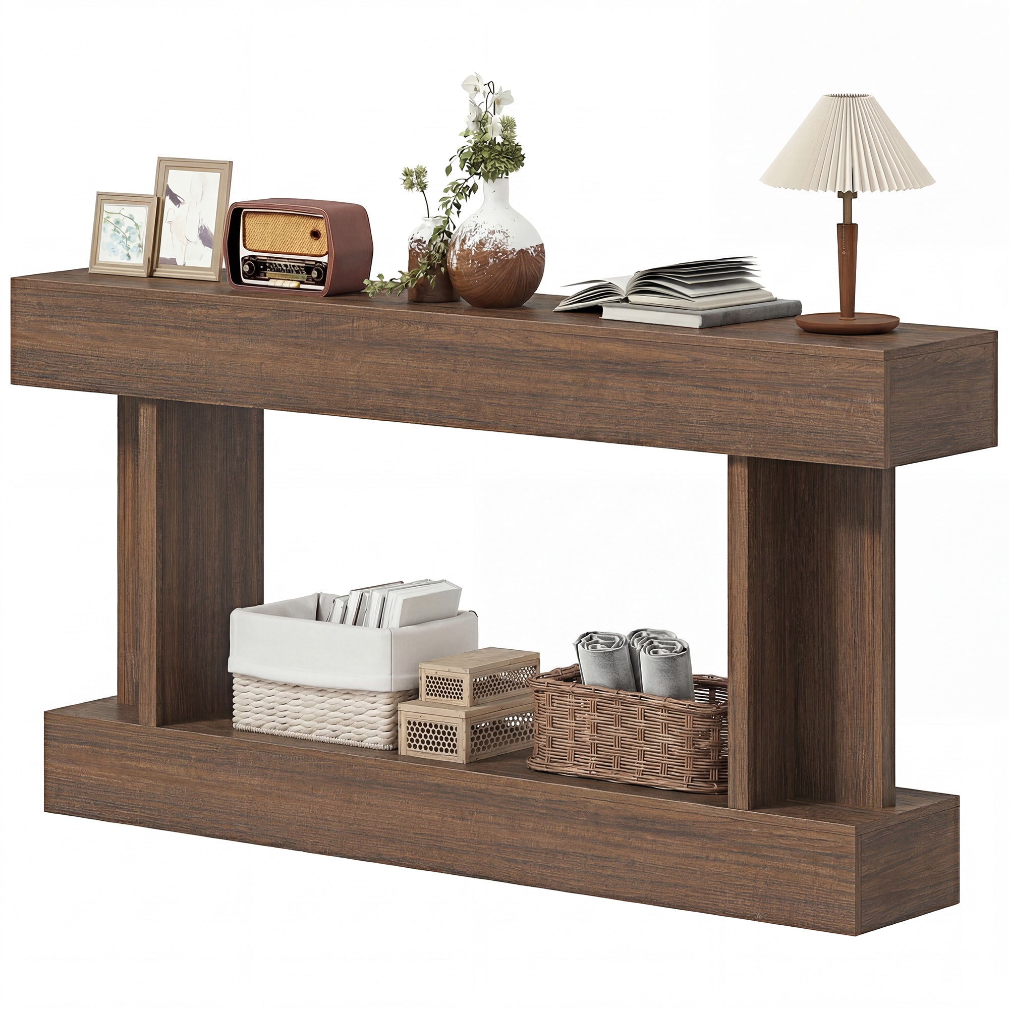 63 Inch Entryway Table, Vintage Narrow Console Tables For Entryway, Sofa Table Behind Couch with Storage Shelf for Living Room and Hallway, Brown