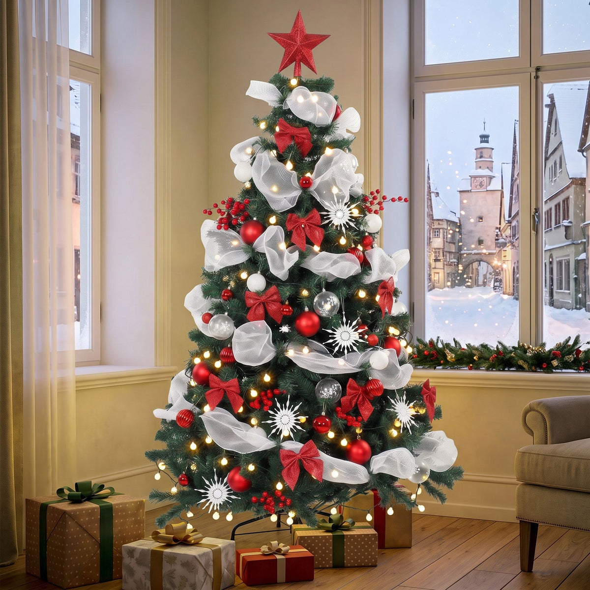 6ft Prelit Christmas Tree Spruce, Remote, Hinged, Artificial Xmas Tree with 8 Modes, 800 Tips, 200 LEDs, Balls, Ribbons, Bows, Foldable Metal Base, Green and Red
