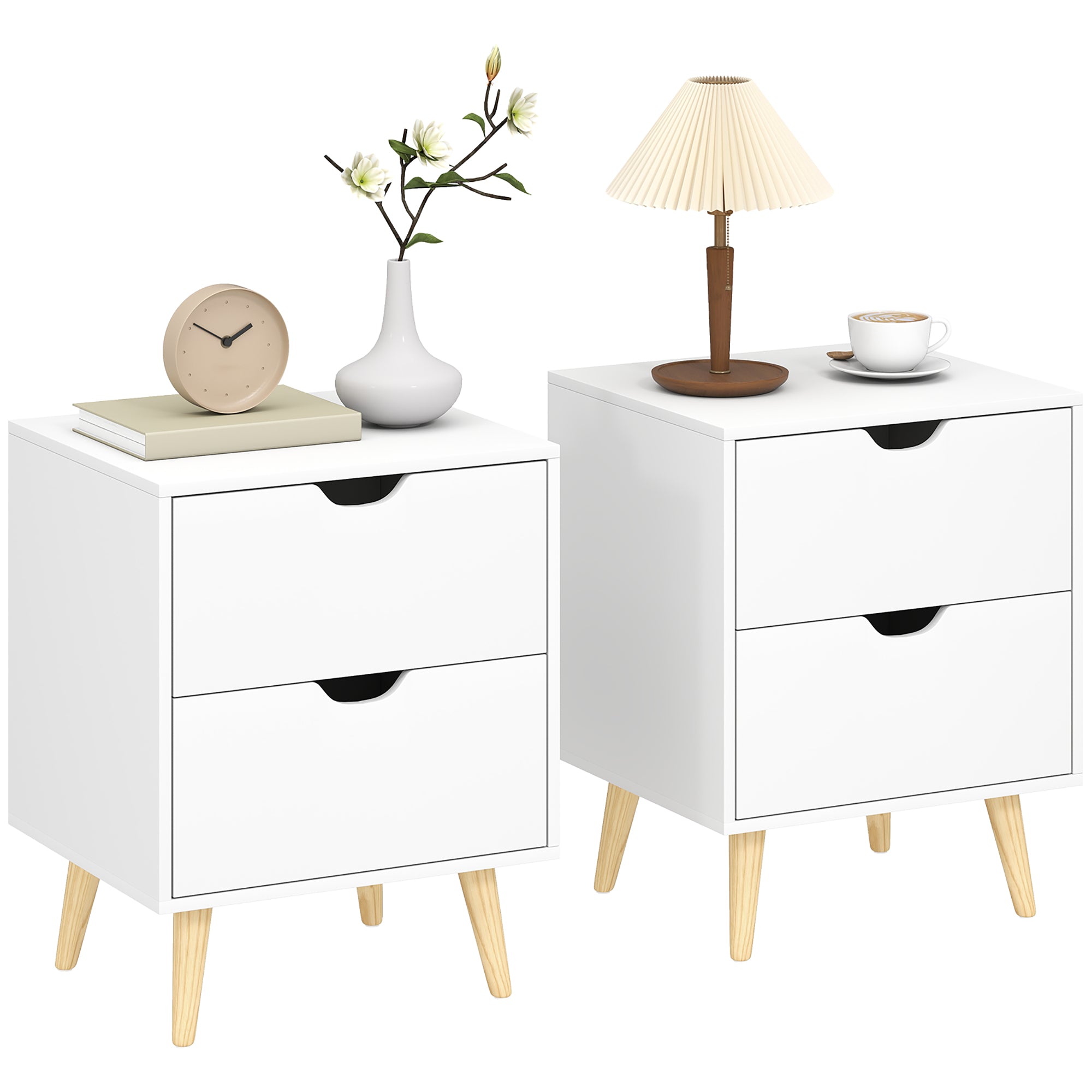 Modern Nightstand Set of 2, Bedside Table with 2 Drawers, End Table with Pine Wood Legs for Bedroom, White