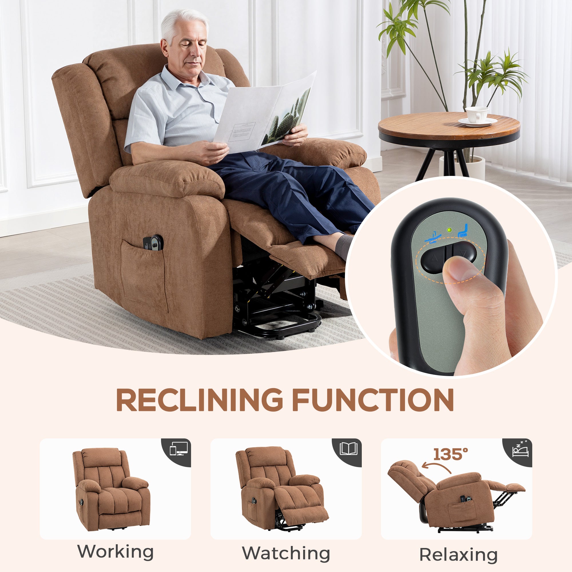 Power Lift Recliner Chair with Massage, Linen Overstuffed Lift Chair for Elderly, Electric Recliner Armchair with Footrest, Remote Control and Side Pocket, for Living Room, Brown