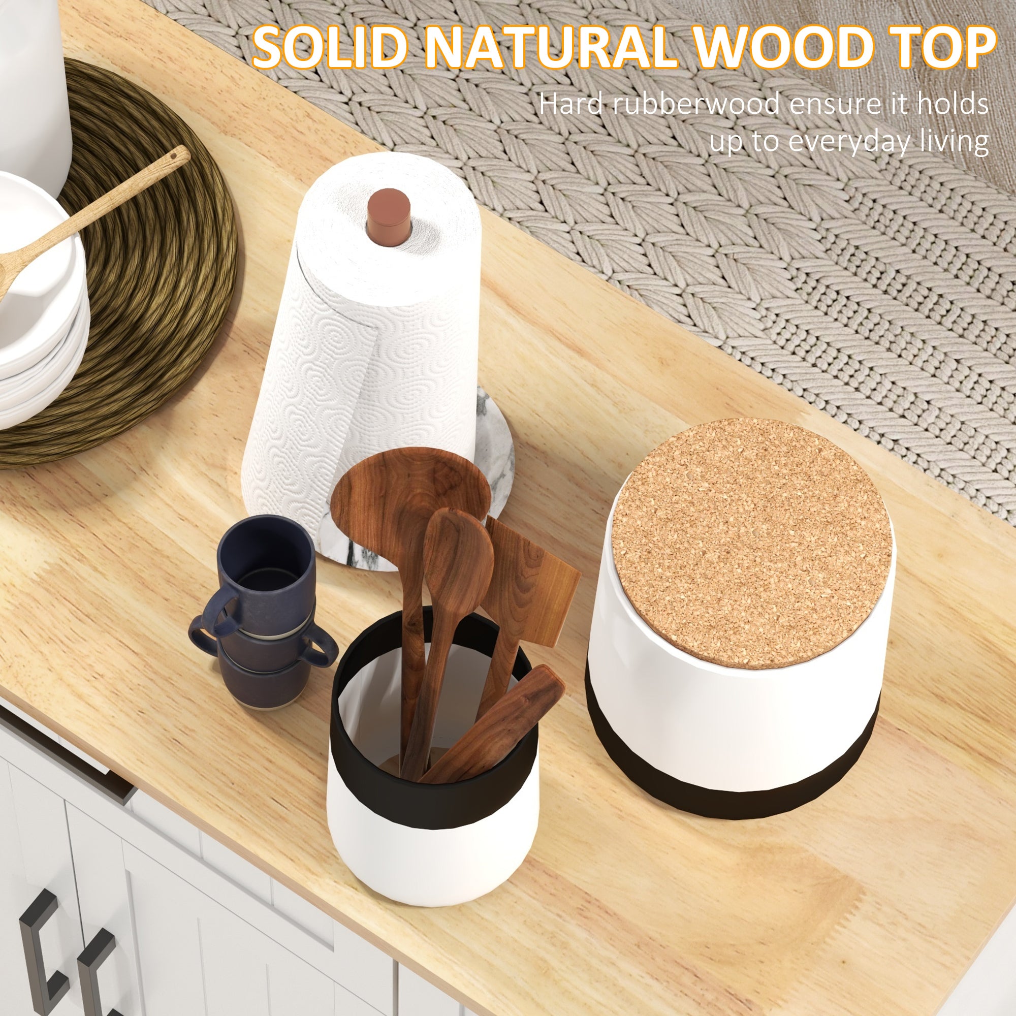 HOMCOM Kitchen Island with Storage, Rolling Kitchen Cart with Rubberwood Top, Drawer, Spice Rack, Towel Rack, Storage Cabinet with Inner Adjustable Shelves, White