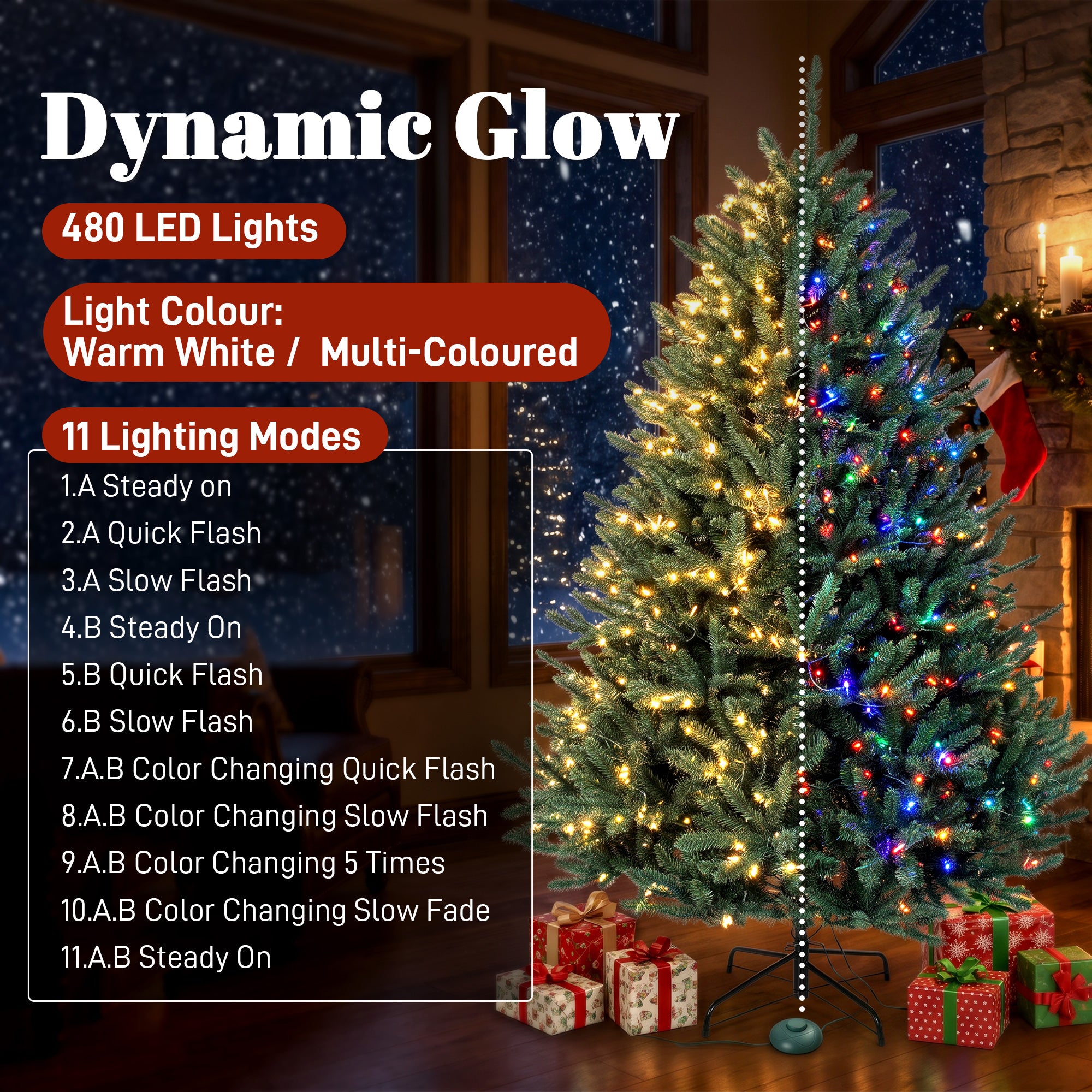6ft Prelit Christmas Tree, Wide Colorado Blue Spruce, Easy Plug, Artificial Hinged Xmas Tree with 480 Warm White & Multi-Color LED Lights, 1492 Tips, Foldable Metal Stand for Holiday, Green