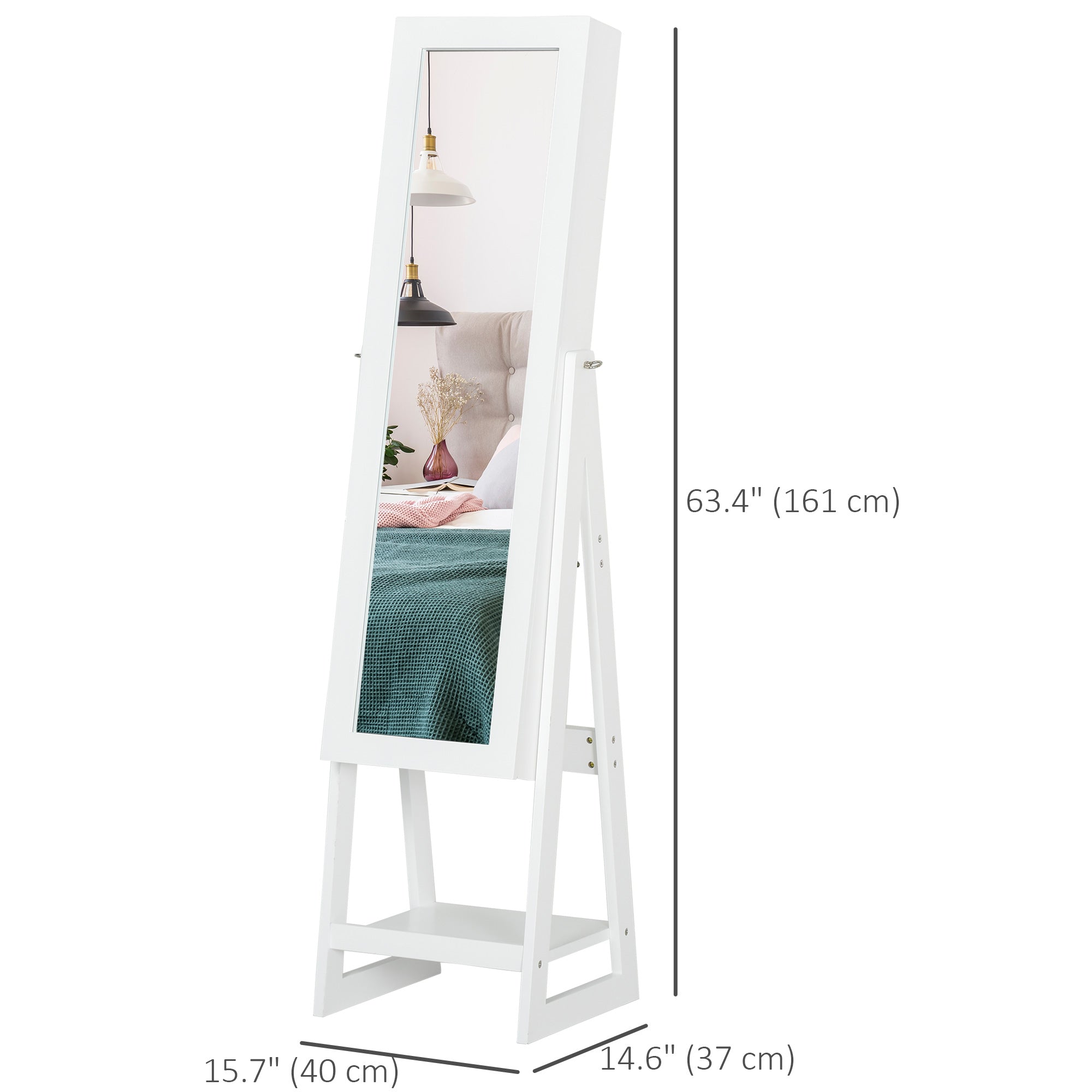 Jewellery Cabinet with Full-Length Mirror, Standing Jewelry Armoire with LED Light, Hooks, Slots, Shelves, Drawers, Folding Panel, Pencil Holders, Mirror with Storage, White