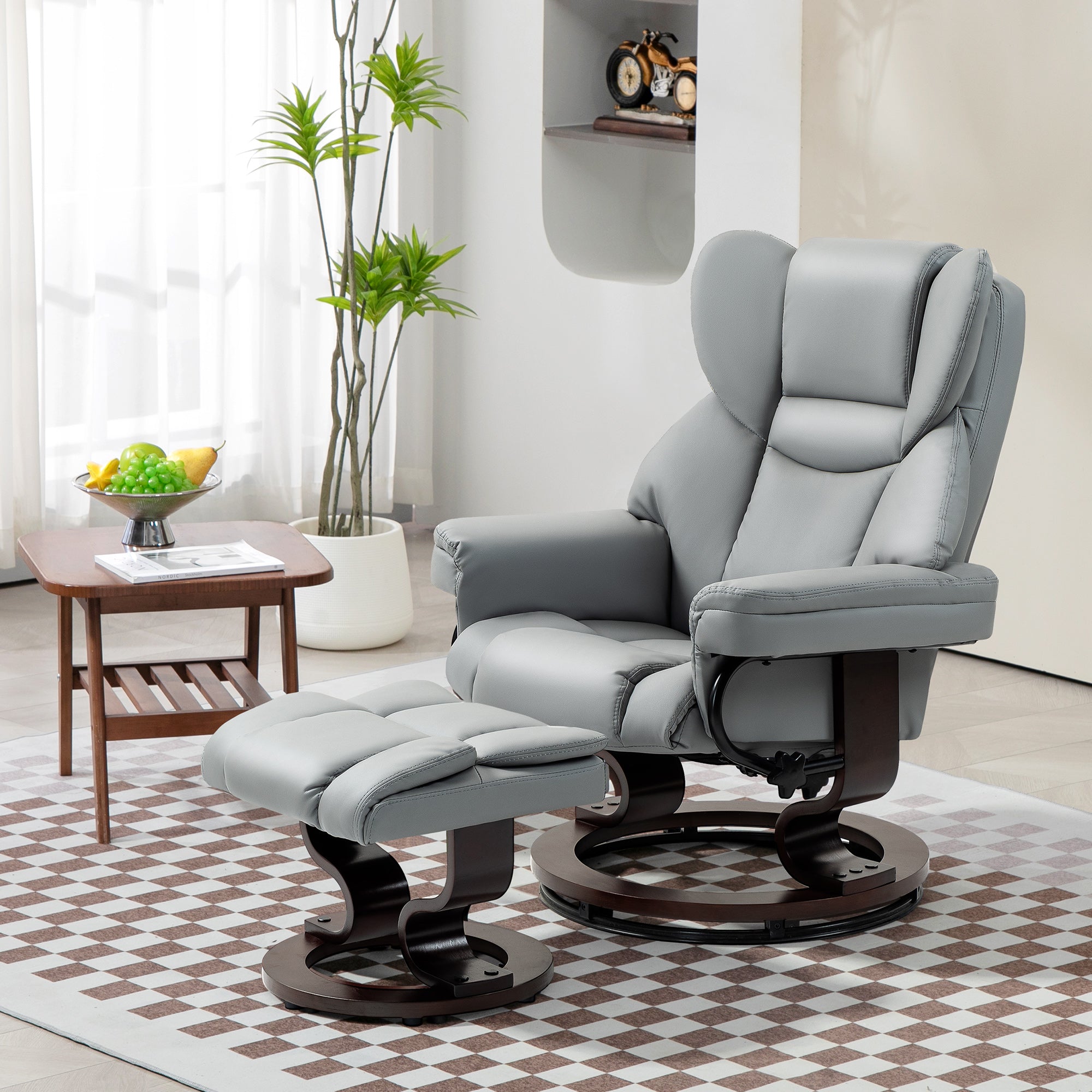 HOMCOM Faux Leather Recliner Chair and Footstool, Swivel Upholstered Armchair and Footstool with Adjustable Backrest, Solid Wood Base for Living Room, Light Grey