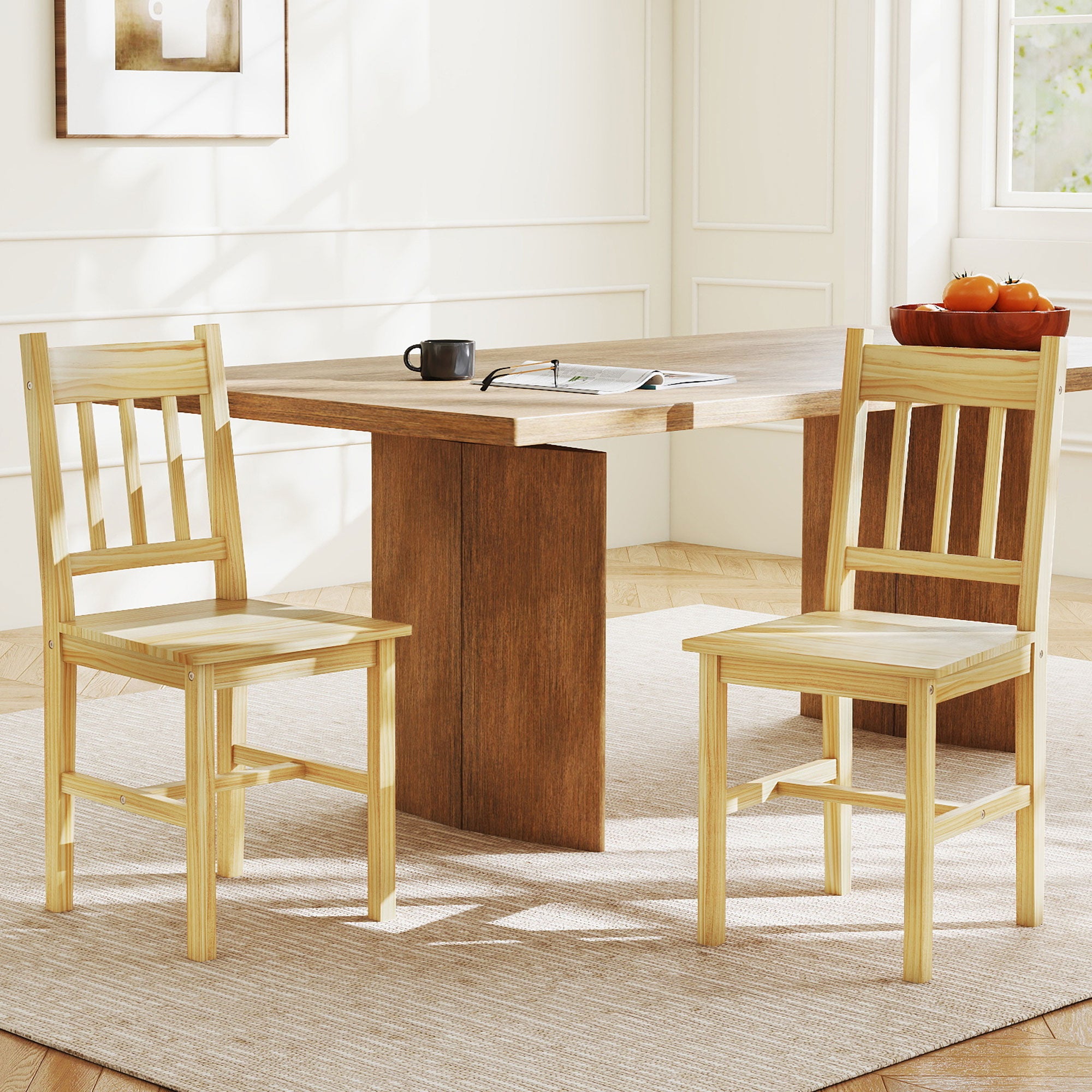 Dining Chairs Set of 2, Kitchen Chair with Slat Back, Pine Wood Structure for Living Room and Dining Room, Natural Wood Finish