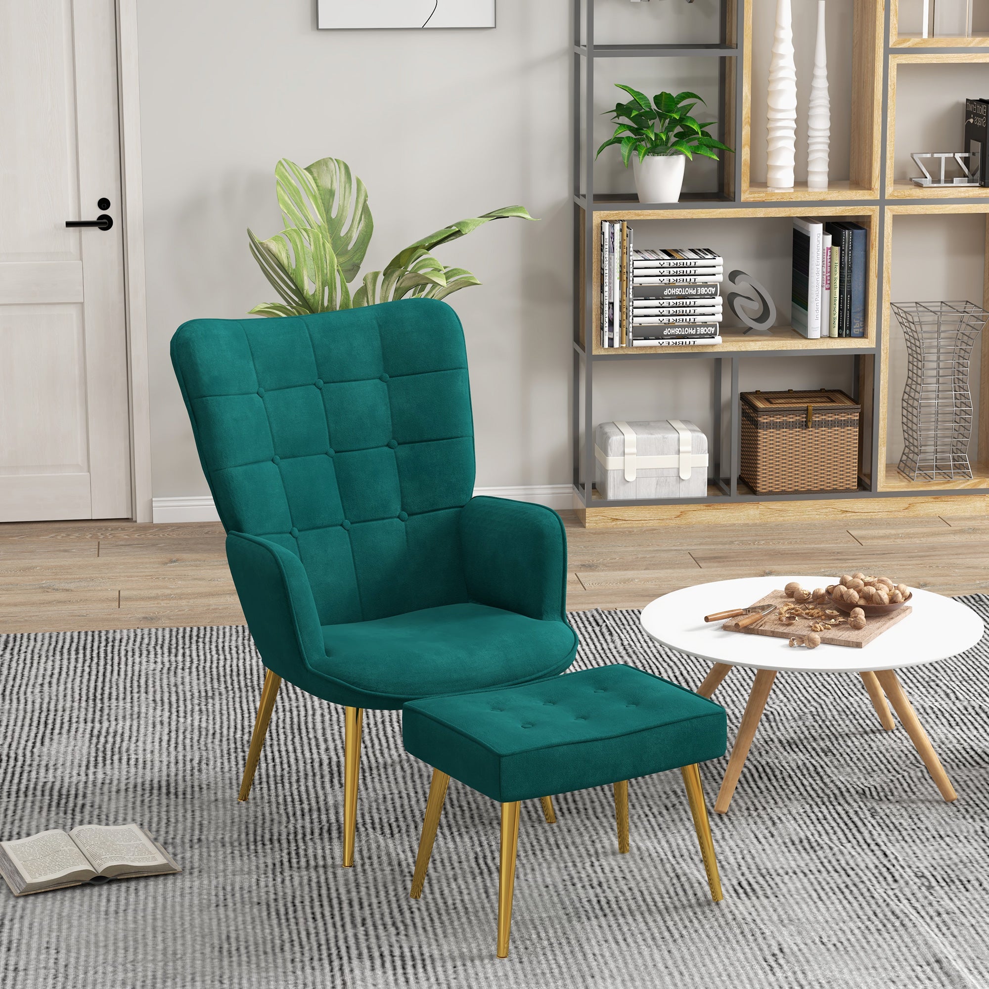 HOMCOM Modern Armchair with Footstool, Upholstered Accent Chair with Ottoman, Steel Legs, Velvet Wingback Chair for Living Room, Bedroom, Home Study, Dark Green