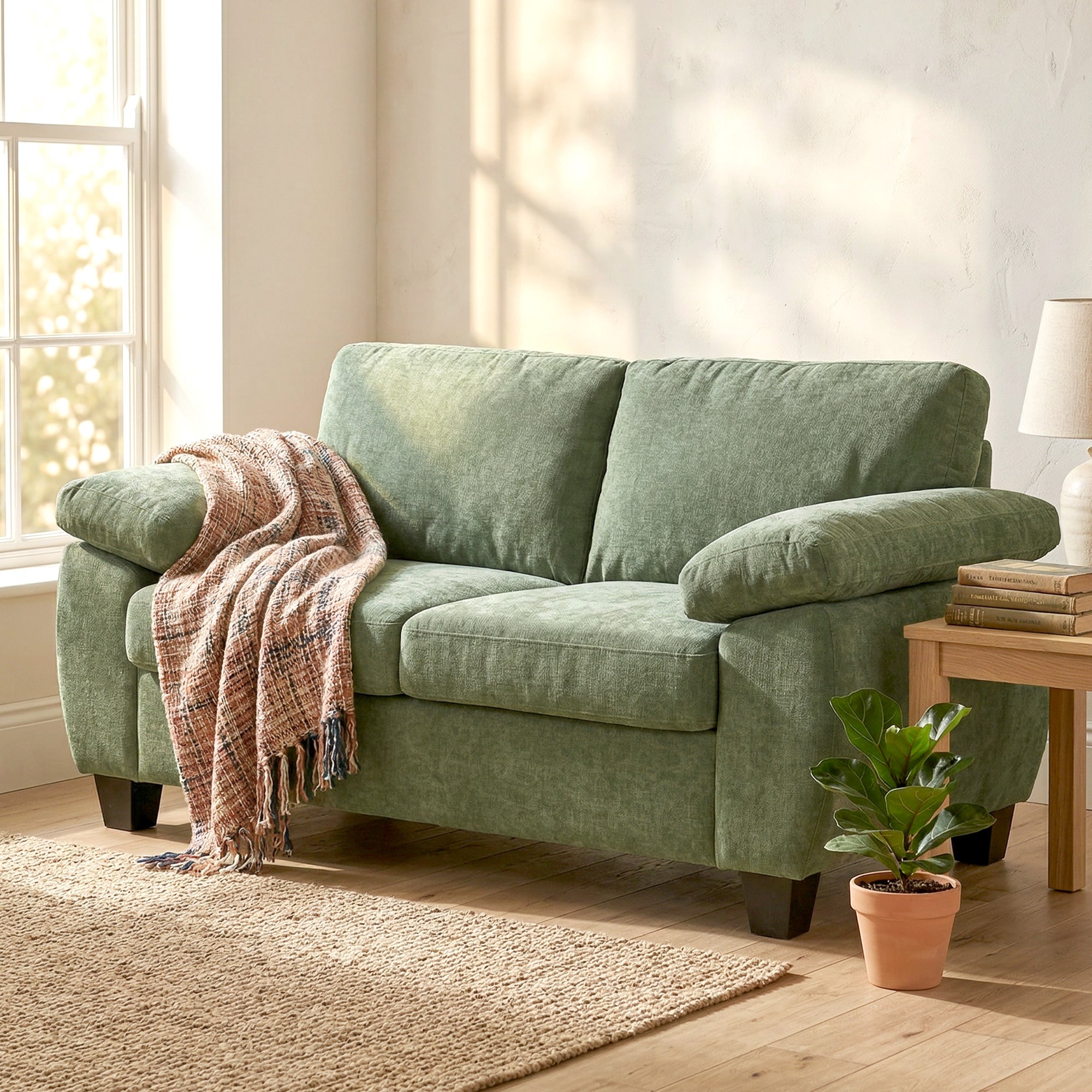 2 Seater Sofa, 156cm Chenille Loveseat Sofa with Thick Spring Cushions, Wide Padded Armrests, Couch Settee for Small Space, Living Room, Bedroom, Home Office, 300KG Capacity, Dark Green