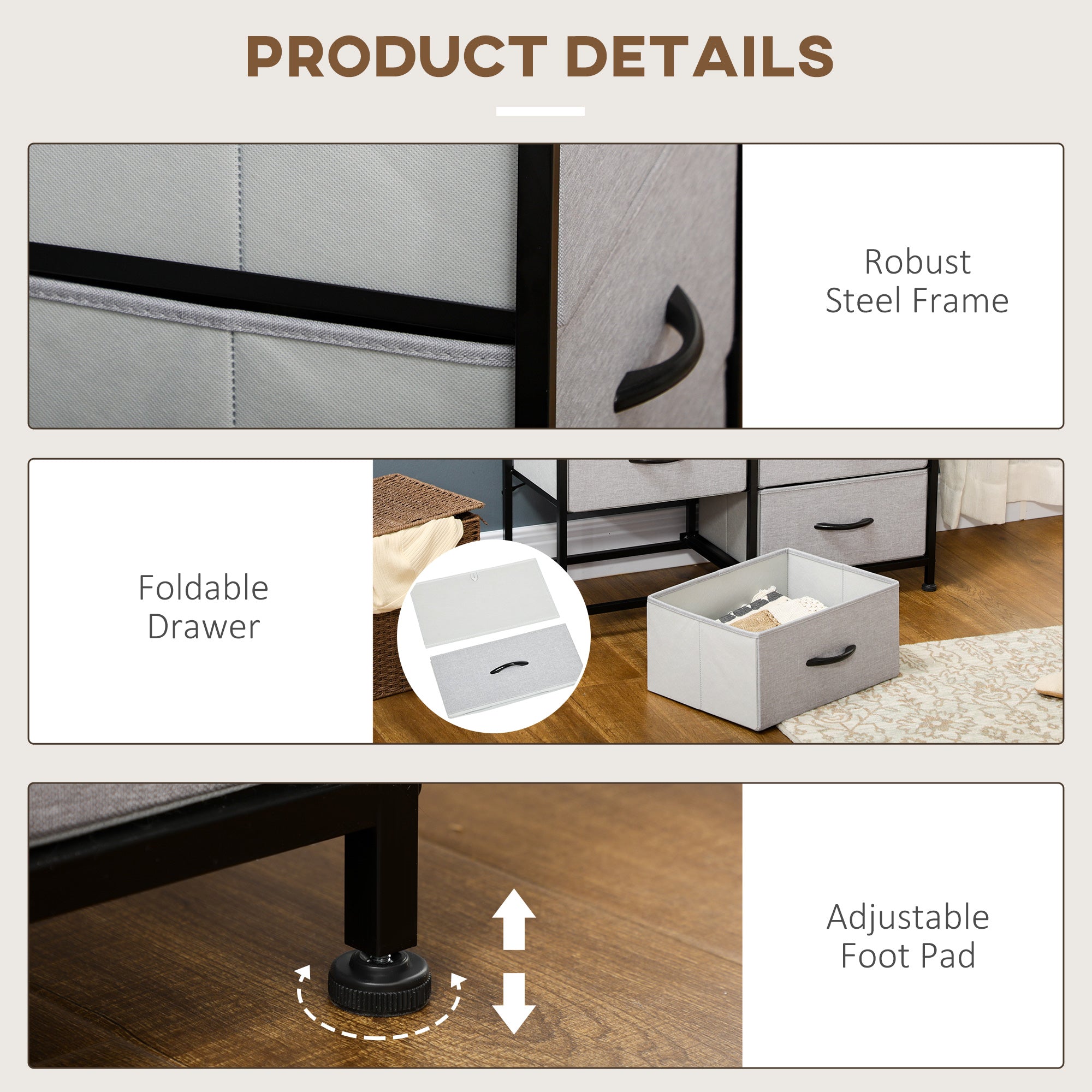 Fabric Chest of Drawers, Industrial Bedroom Dresser with 6 Fabric Drawers, Steel Frame and Wooden Top for Nursery, Living Room, Hallway, Grey