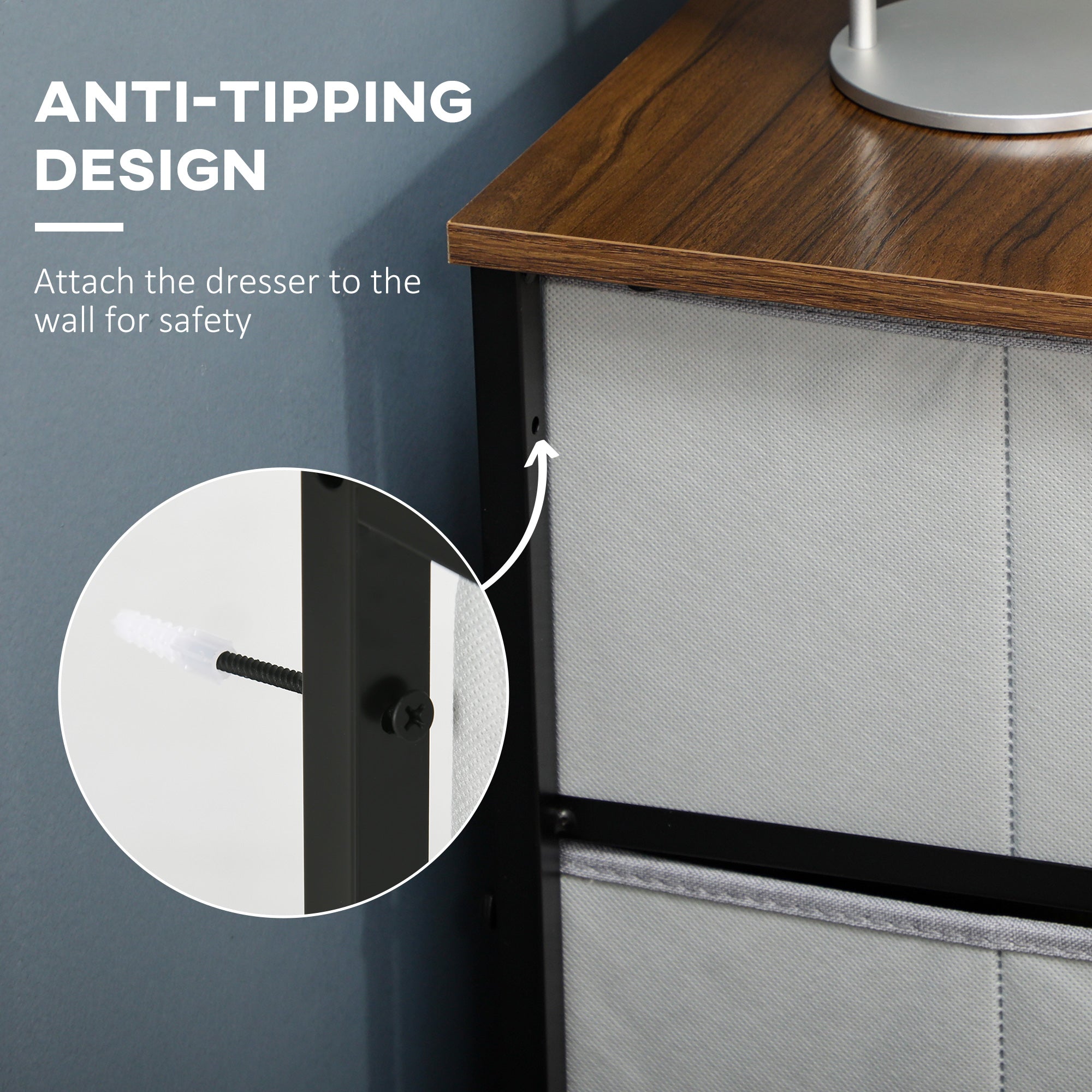 Fabric Chest of Drawers, Industrial Bedroom Dresser with 6 Fabric Drawers, Steel Frame and Wooden Top for Nursery, Living Room, Hallway, Grey