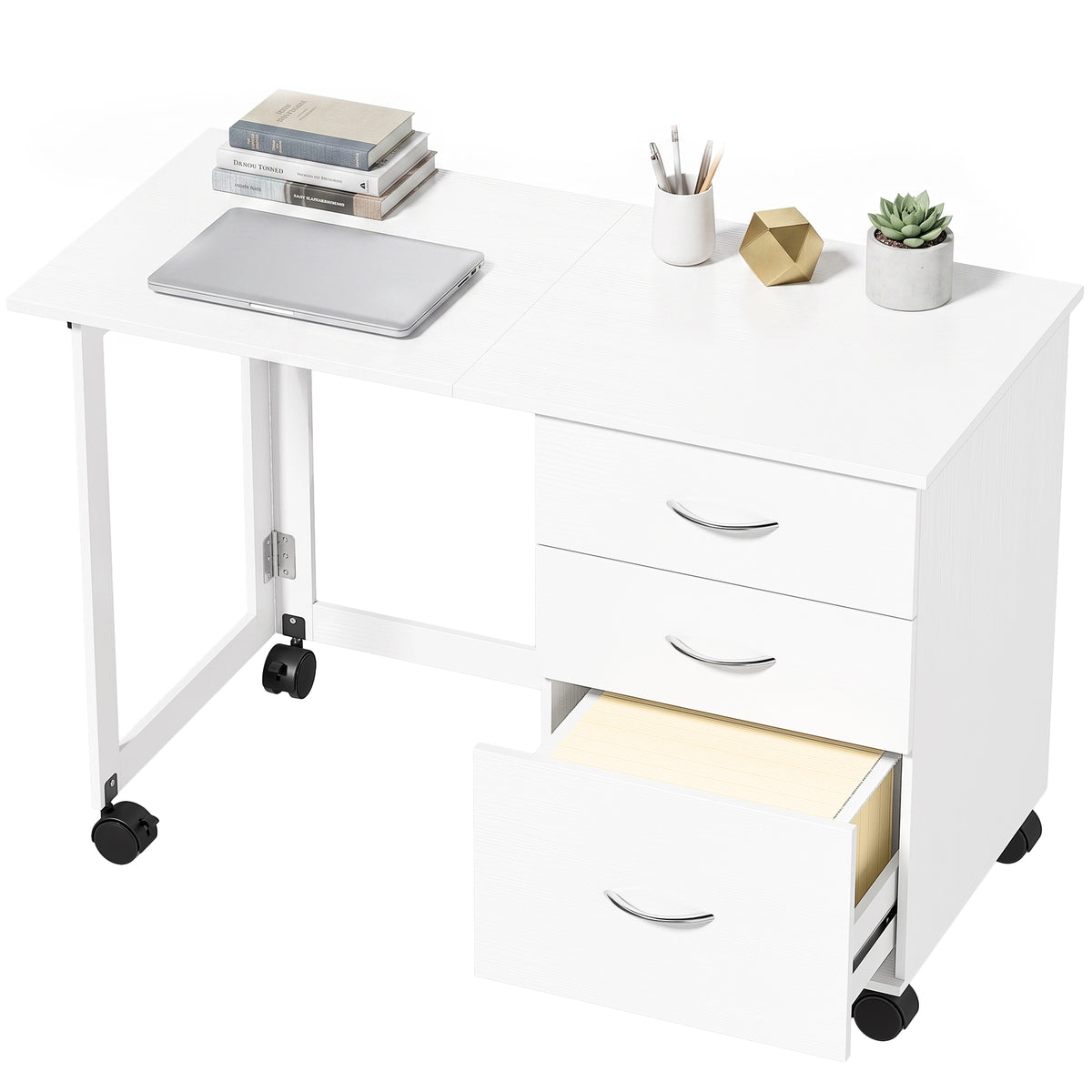 Foldable Computer Desk with 3 Drawers, Mobile Home Office Computer Table with 4 Lockable Wheels, Hanging Bars, Space Saving for Study, Home Office, White Wood Grain