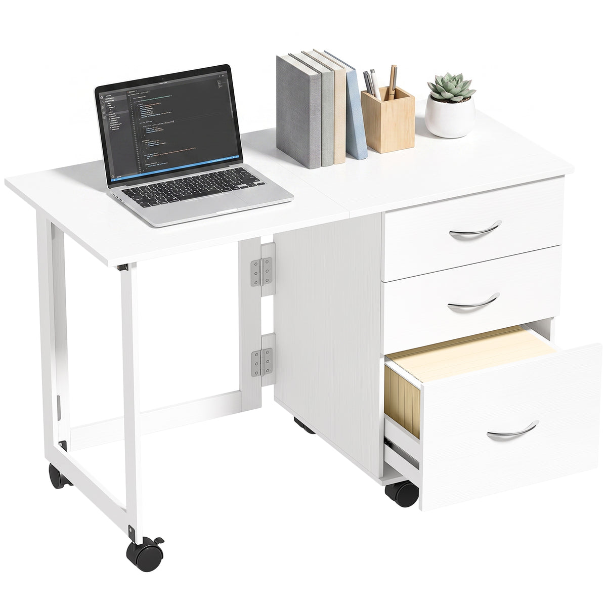 Foldable Computer Desk with 3 Drawers, Mobile Home Office Computer Table with 4 Lockable Wheels, Hanging Bars, Space Saving for Study, Home Office, White Wood Grain