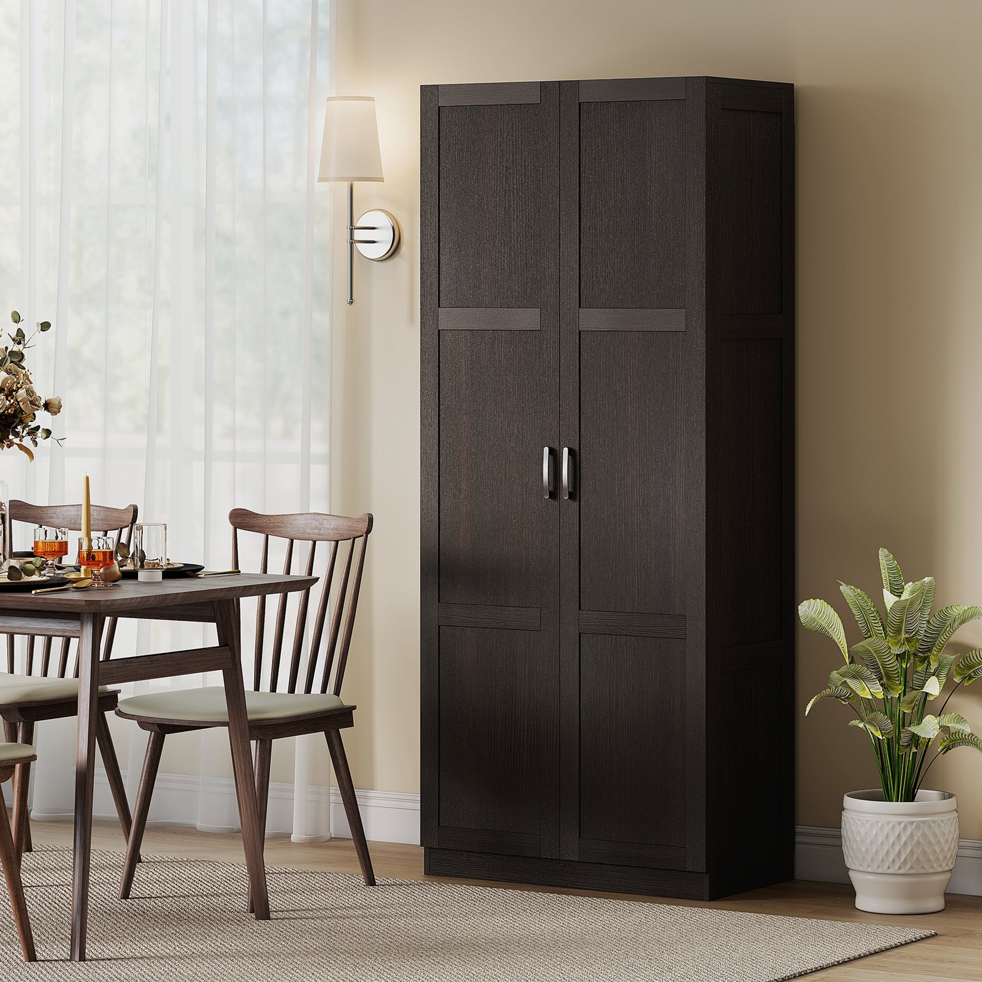 71" Tall Kitchen Pantry Cabinet with Soft-Close Hinges, Modern Farmhouse Freestanding Pantry Storage Cabinet with 2 Framed Doors, 4 Adjustable Shelves, Dark Brown
