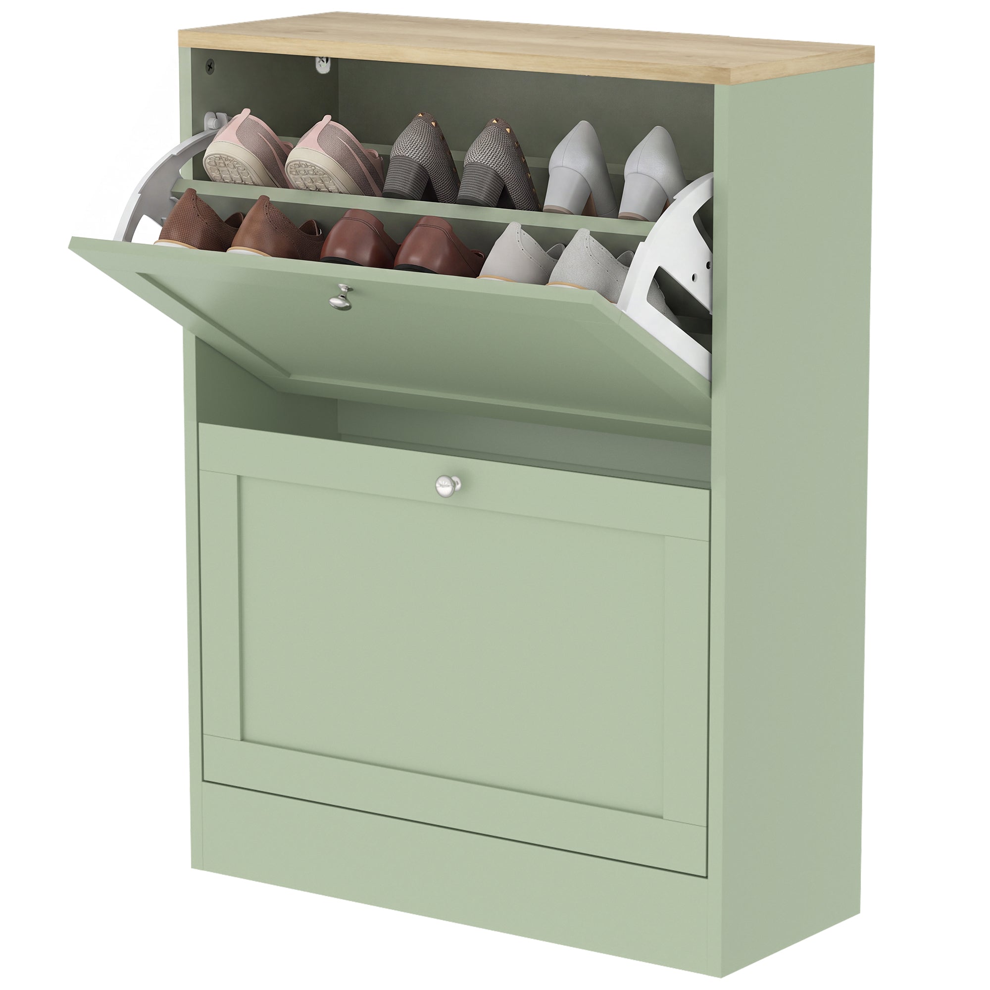 Shoe Storage Cabinet with 2 Flip Drawers, Wooden Freestanding Shoe Organizer with Adjustable Shelves for Entryway, Hallway, Green