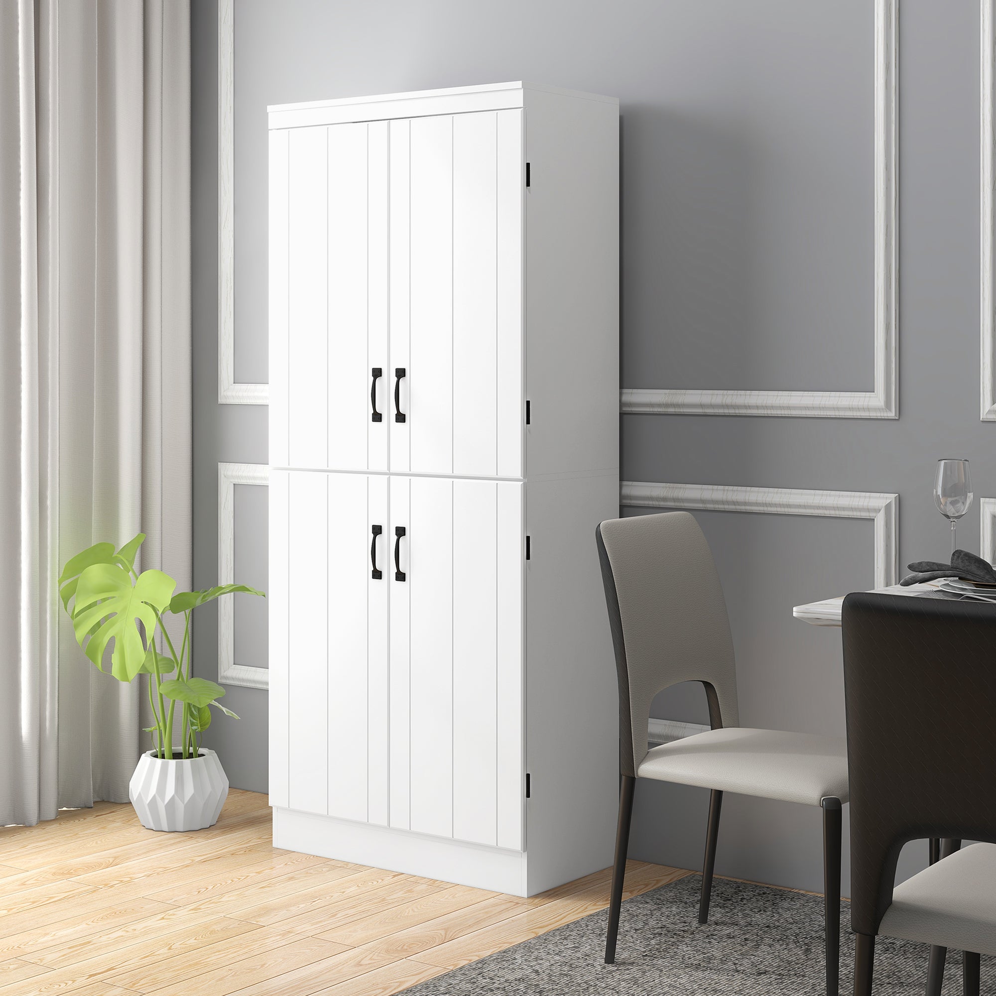 4-Door Tall Kitchen Cupboard, Freestanding 6-Tier Storage Cabinet with 2 Adjustable Shelves for Living Room, Dining Room, White