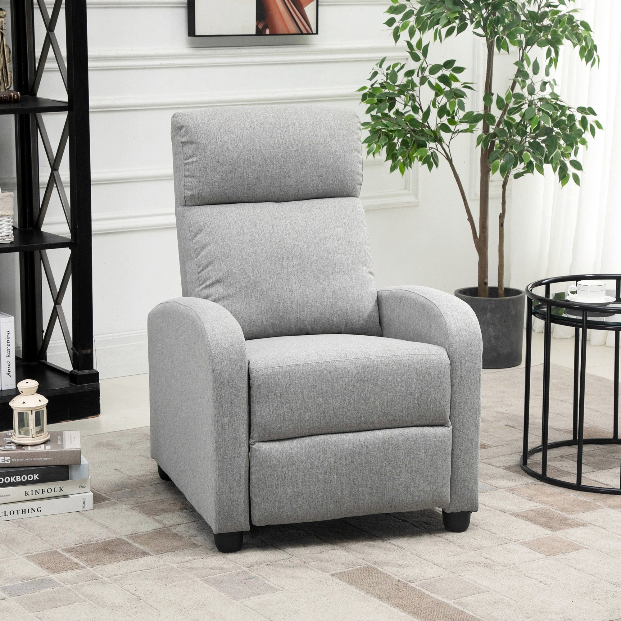 HOMCOM Push Back Recliner Chair, Fabric Home Theater Seating, Single Reclining Sofa Chair with Padded Seat for Living Room, Light Grey