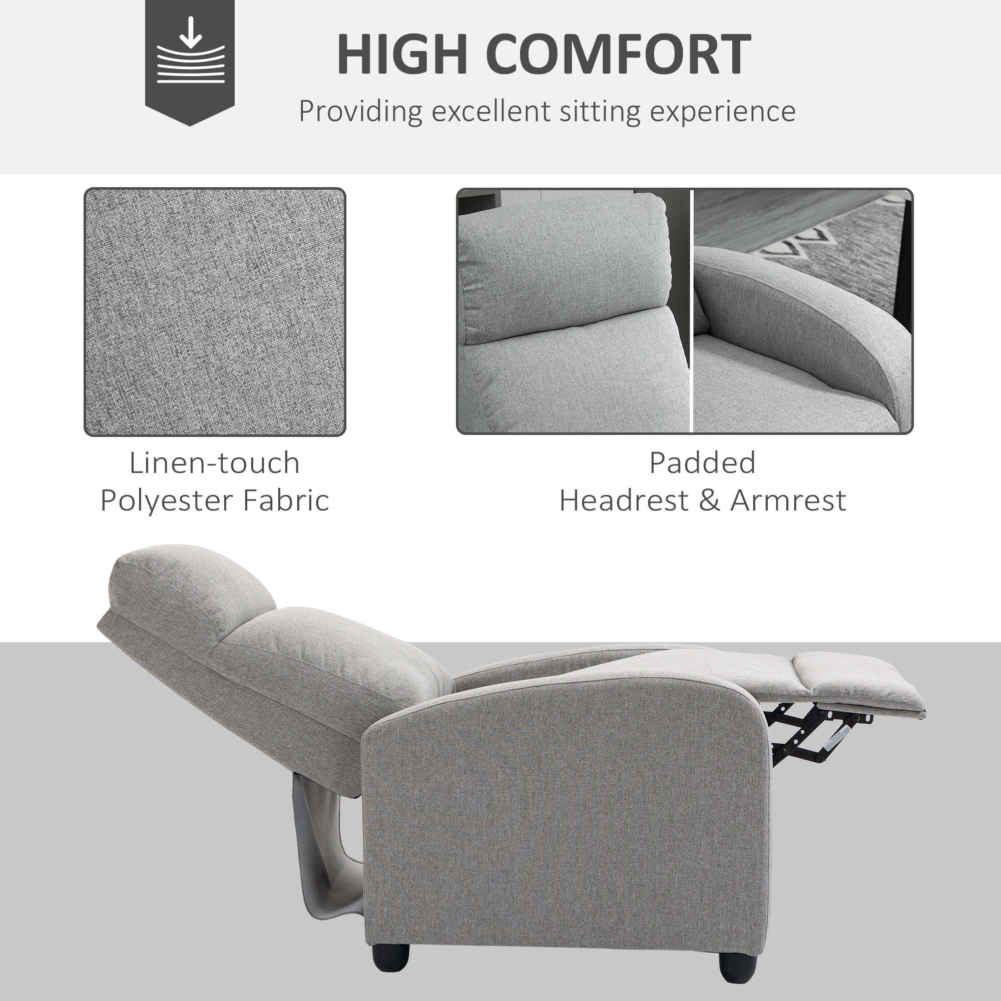 HOMCOM Push Back Recliner Chair, Fabric Home Theater Seating, Single Reclining Sofa Chair with Padded Seat for Living Room, Light Grey