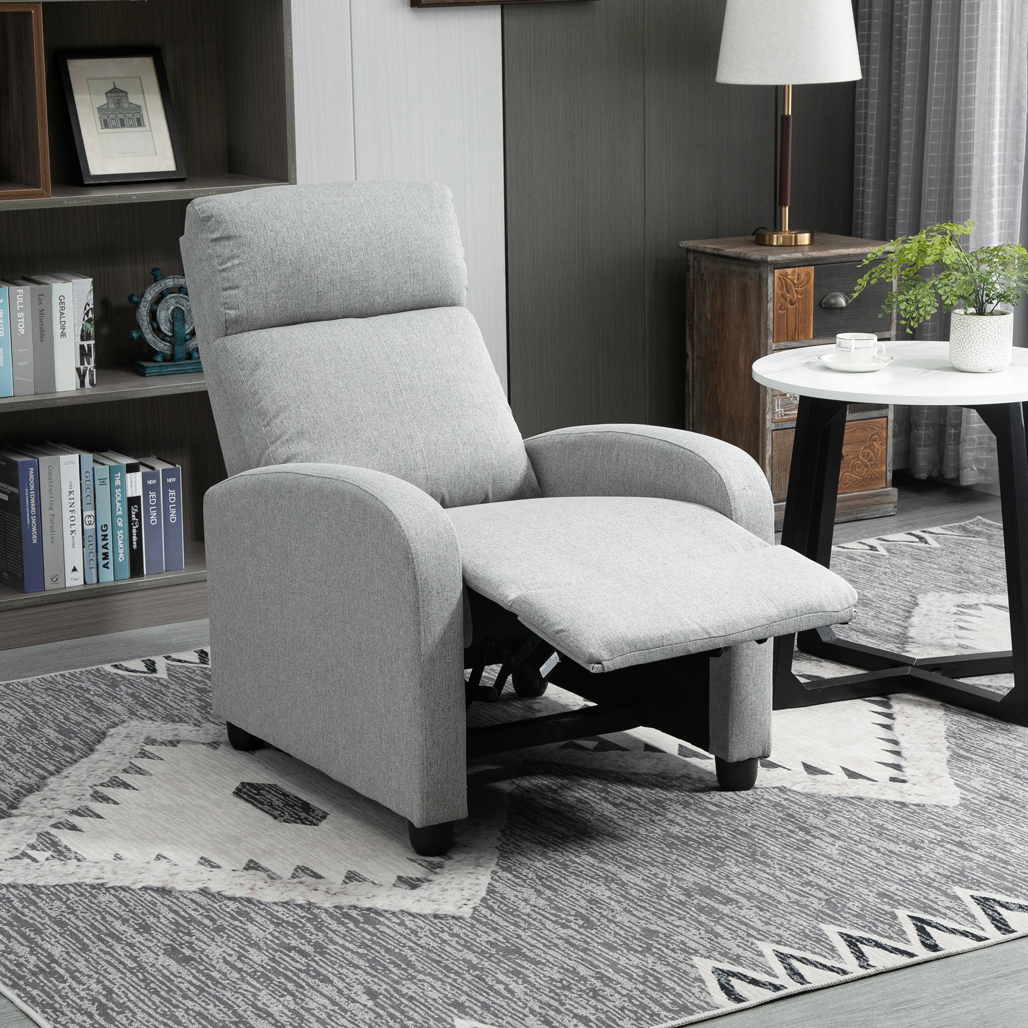 HOMCOM Push Back Recliner Chair, Fabric Home Theater Seating, Single Reclining Sofa Chair with Padded Seat for Living Room, Light Grey