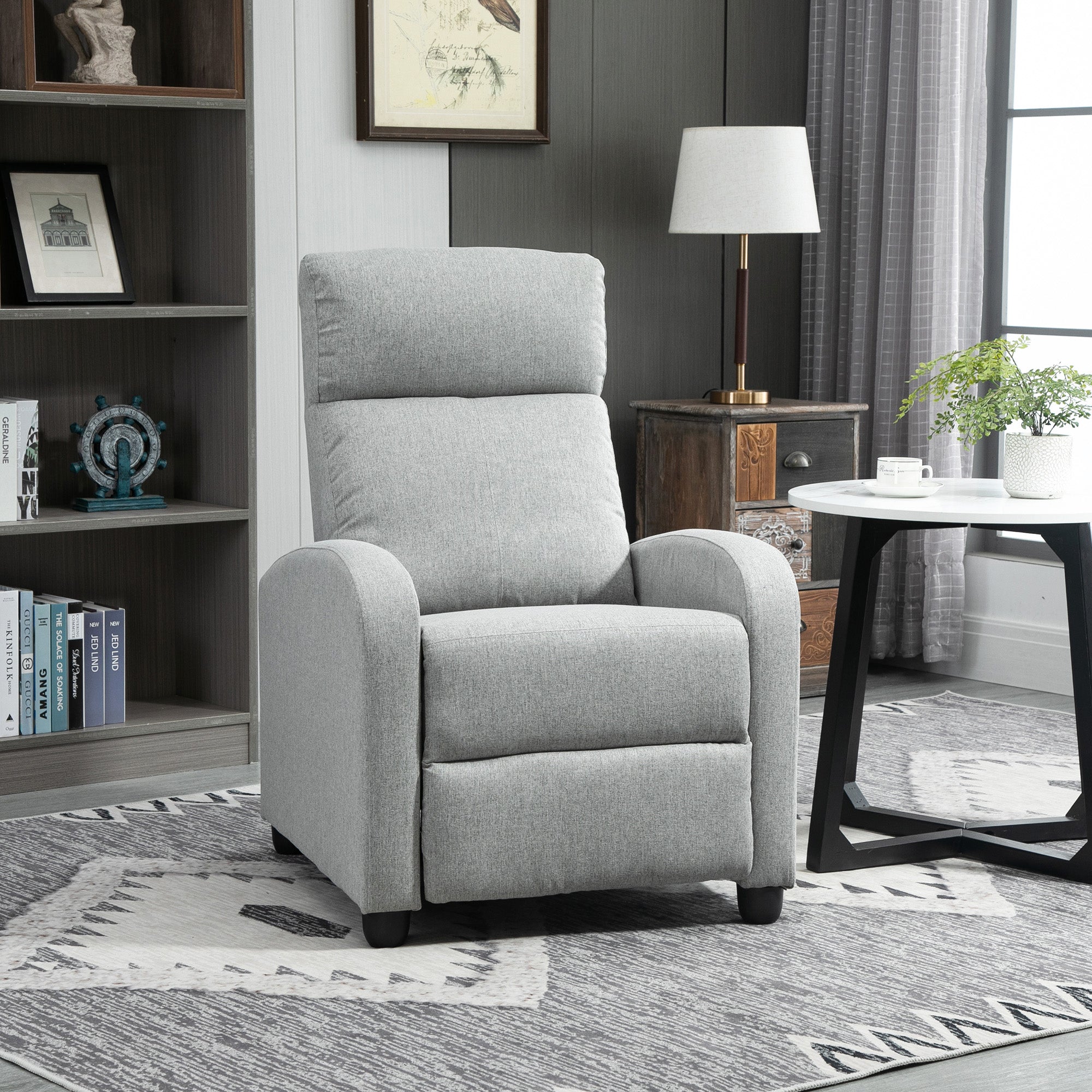 HOMCOM Push Back Recliner Chair, Fabric Home Theater Seating, Single Reclining Sofa Chair with Padded Seat for Living Room, Light Grey
