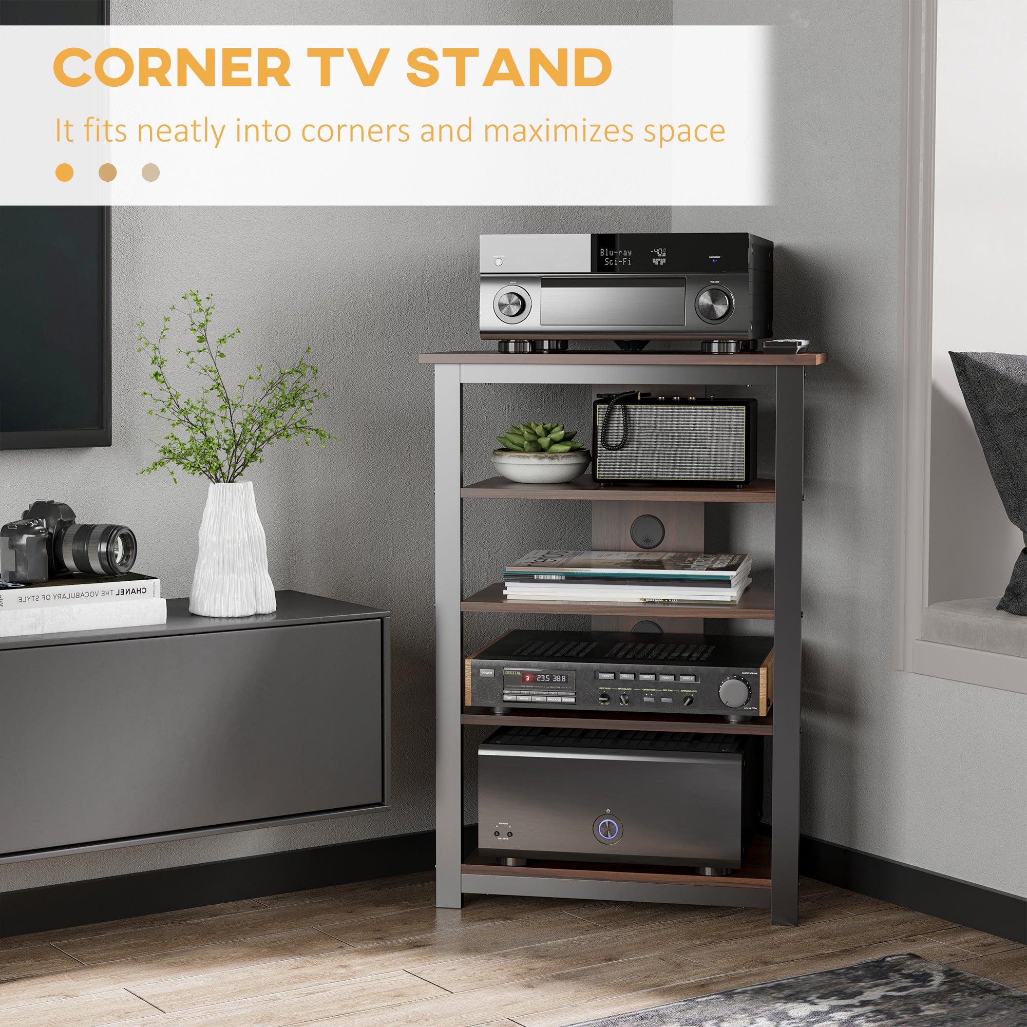 TV Stand with LED 4-Tier Audio Rack, Media Corner Shelf with Cable Management, Brown