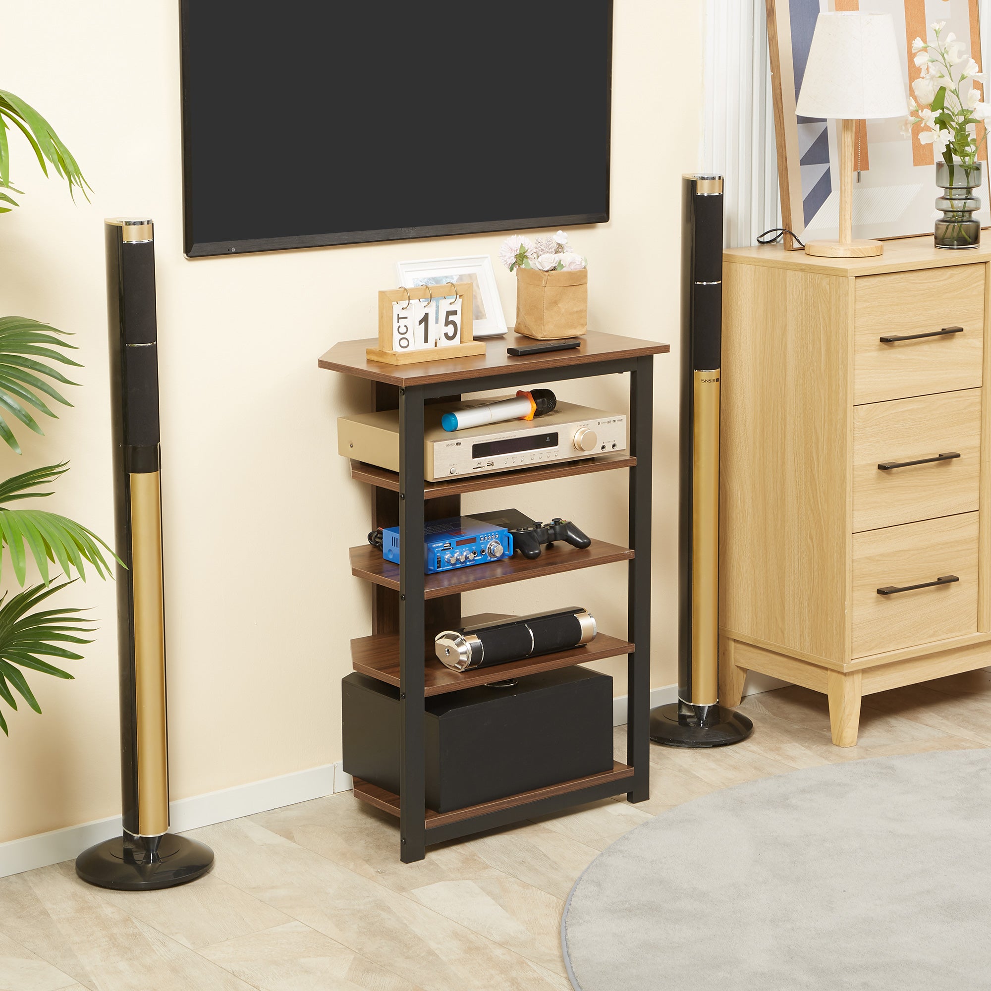 TV Stand with LED 4-Tier Audio Rack, Media Corner Shelf with Cable Management, Brown
