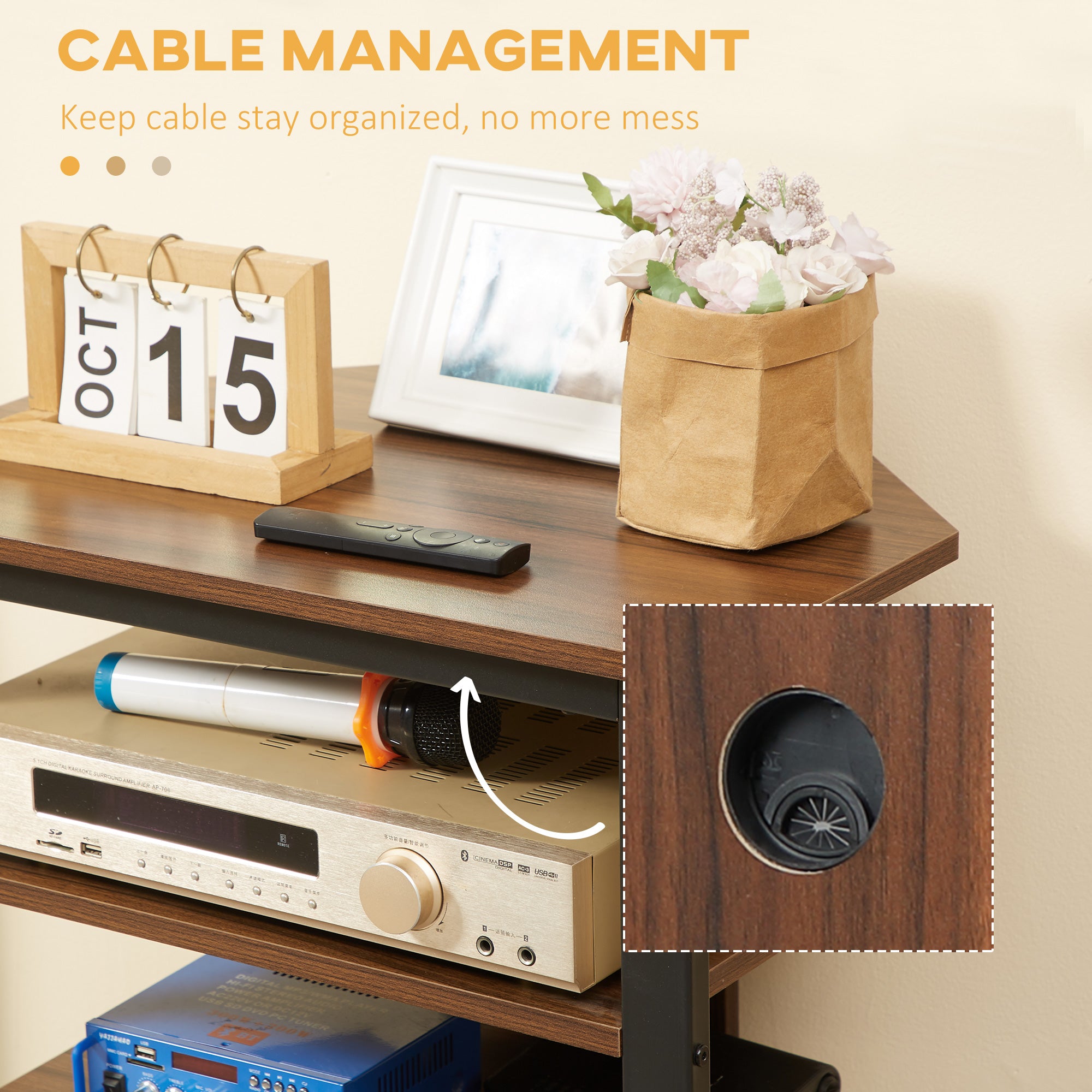 TV Stand with LED 4-Tier Audio Rack, Media Corner Shelf with Cable Management, Brown