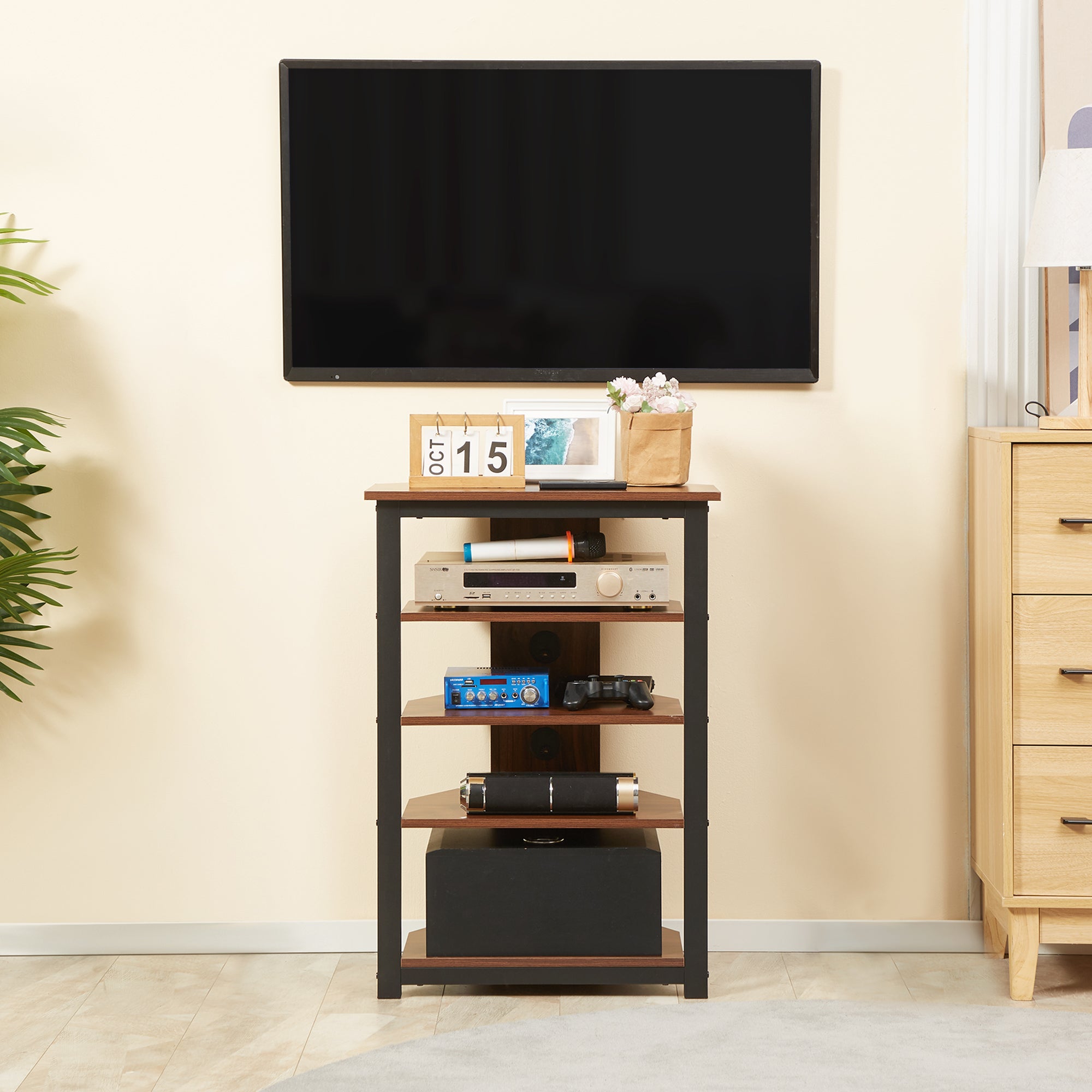 TV Stand with LED 4-Tier Audio Rack, Media Corner Shelf with Cable Management, Brown