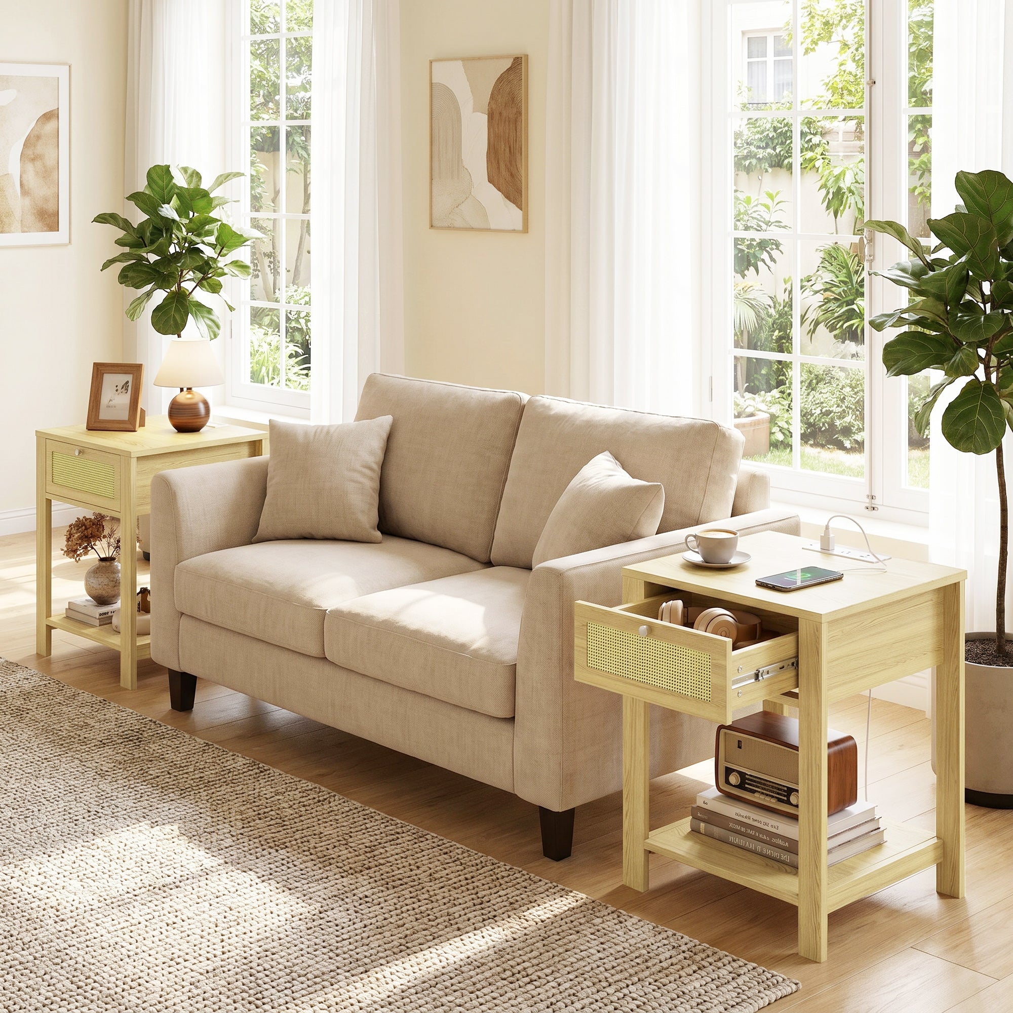 End Table Set of 2 with Charging Station, Bed Side Tables Set with Drawer, Open Storage Shelf, Rattan-Like Drawer Front, Modern Farmhouse for Living Room, Natural Wood