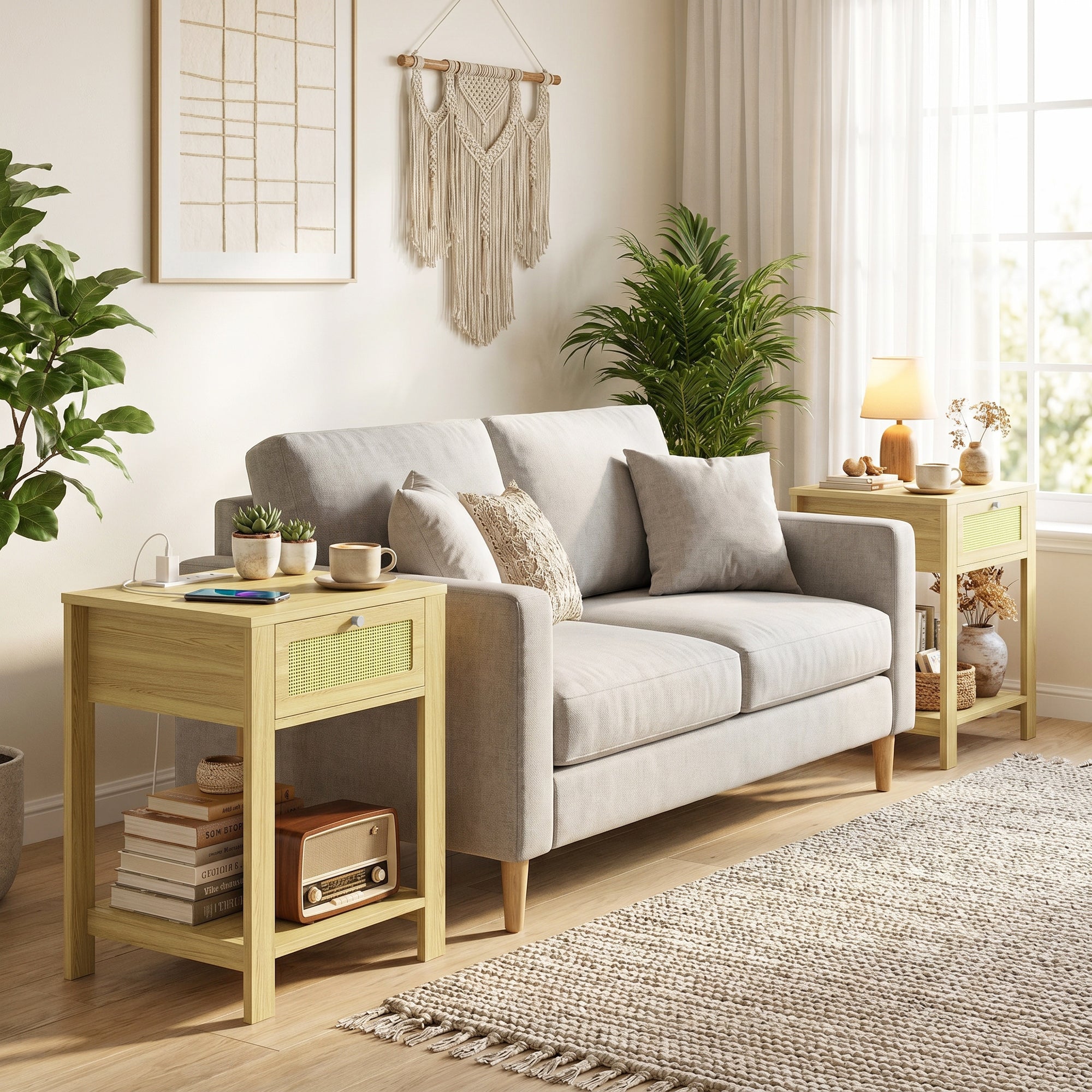 End Table Set of 2 with Charging Station, Bed Side Tables Set with Drawer, Open Storage Shelf, Rattan-Like Drawer Front, Modern Farmhouse for Living Room, Natural Wood