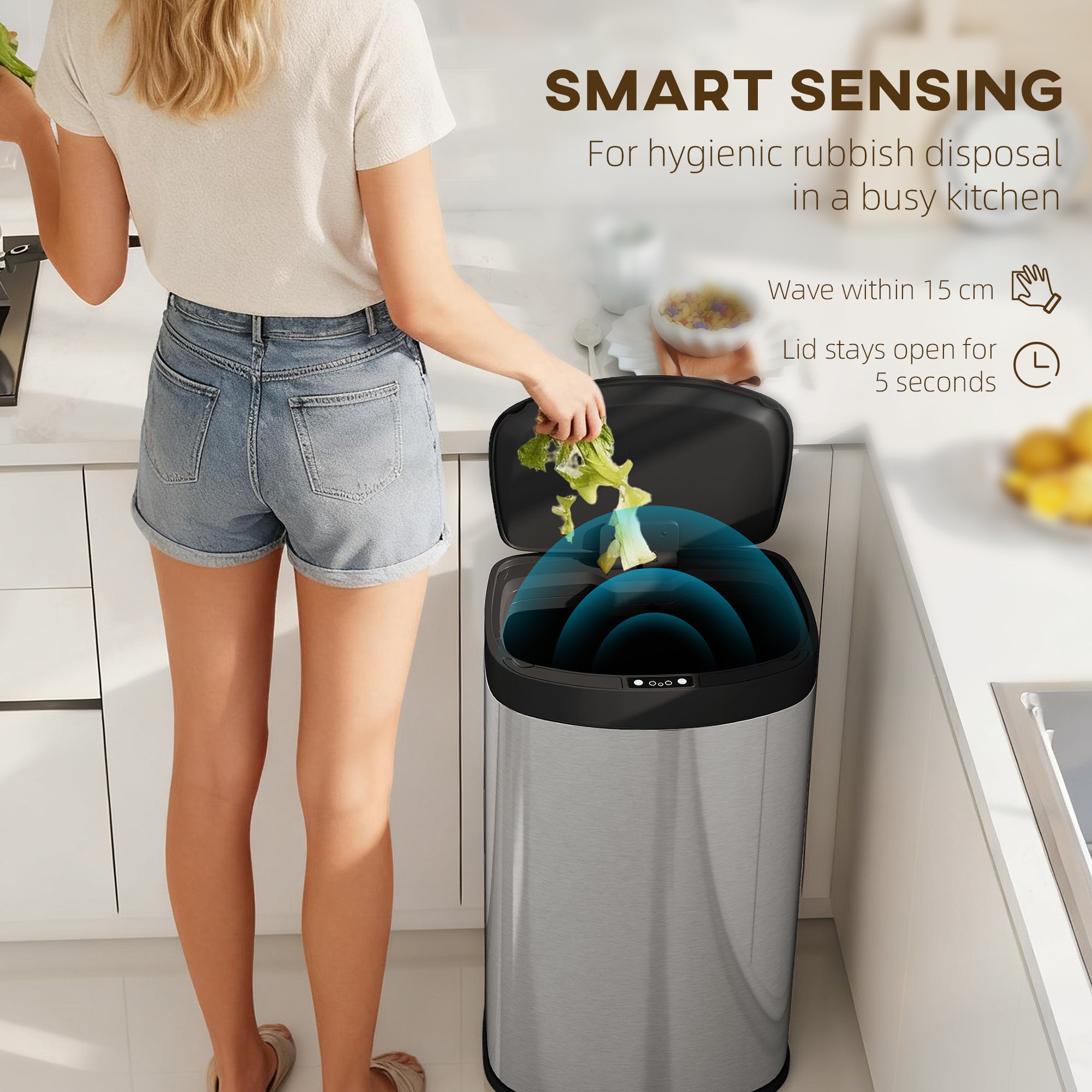 55L Sensor Bin with Soft-Close Lid, Automatic Touchless Motion Sensor Kitchen Bin with Fingerprint Resistant Stainless Steel for Hygienic Gyms, Home Office Use, Silver Tone
