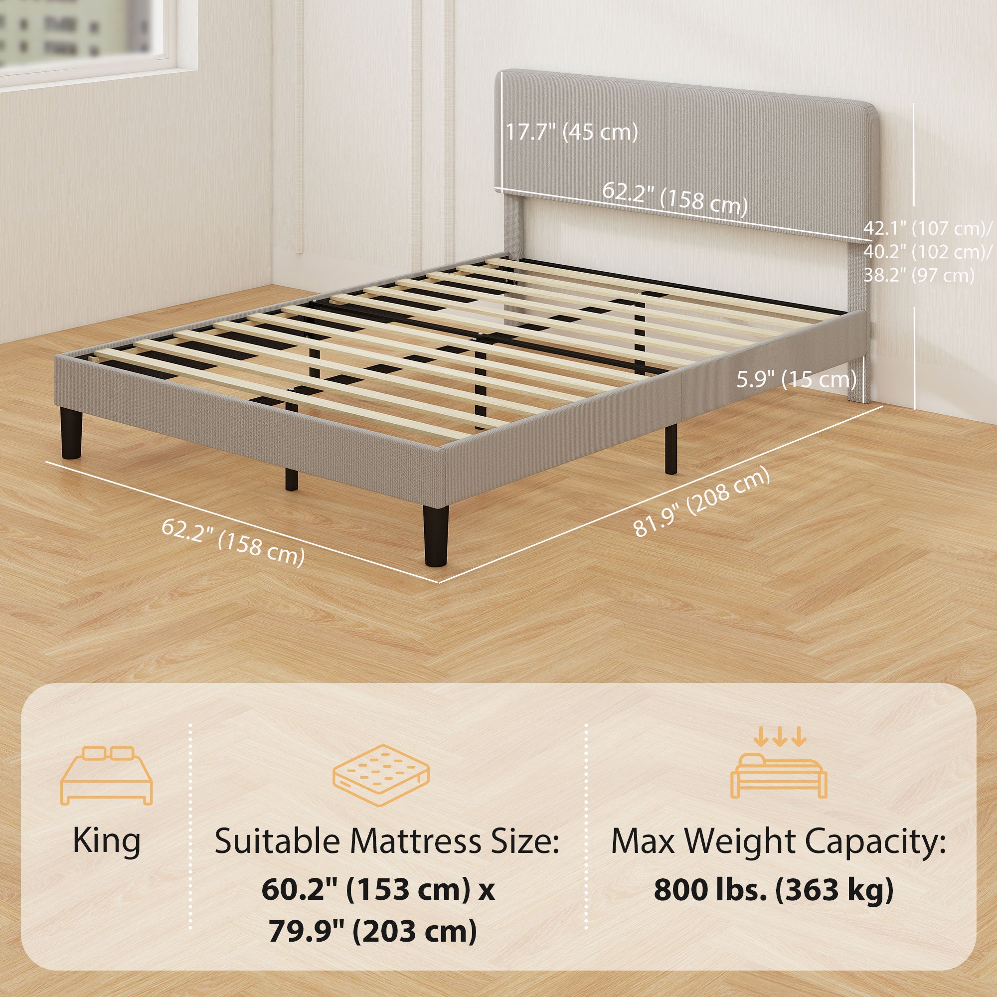 Queen Bed Frame with Adjustable Headboard, Corduroy Upholstered Platform Bed Frame, Wood Slat Support, Noise Free, No Box Spring Needed, Easy Assembly, Light Grey