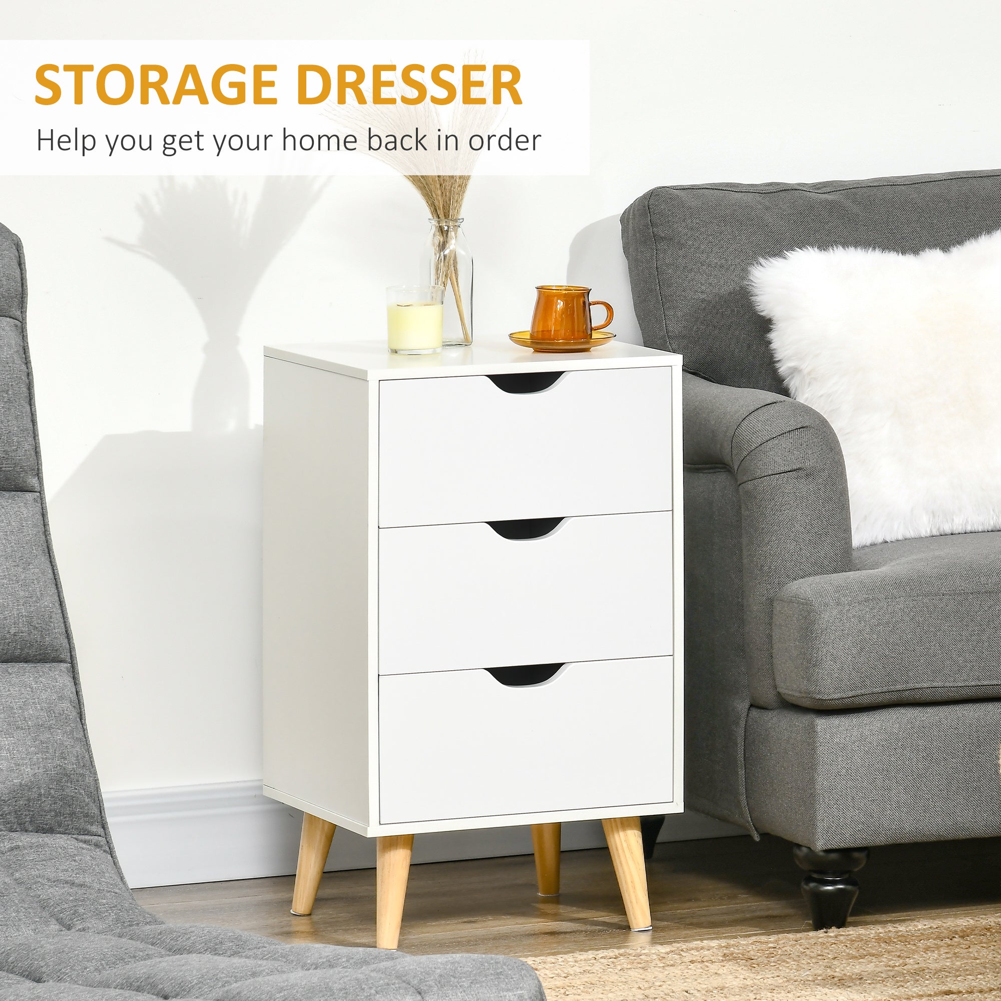 HOMCOM Nightstand, Bedside Table with 3 Drawers, Small Side Table with Wood Legs and Cut-out Handles for Bedroom, White