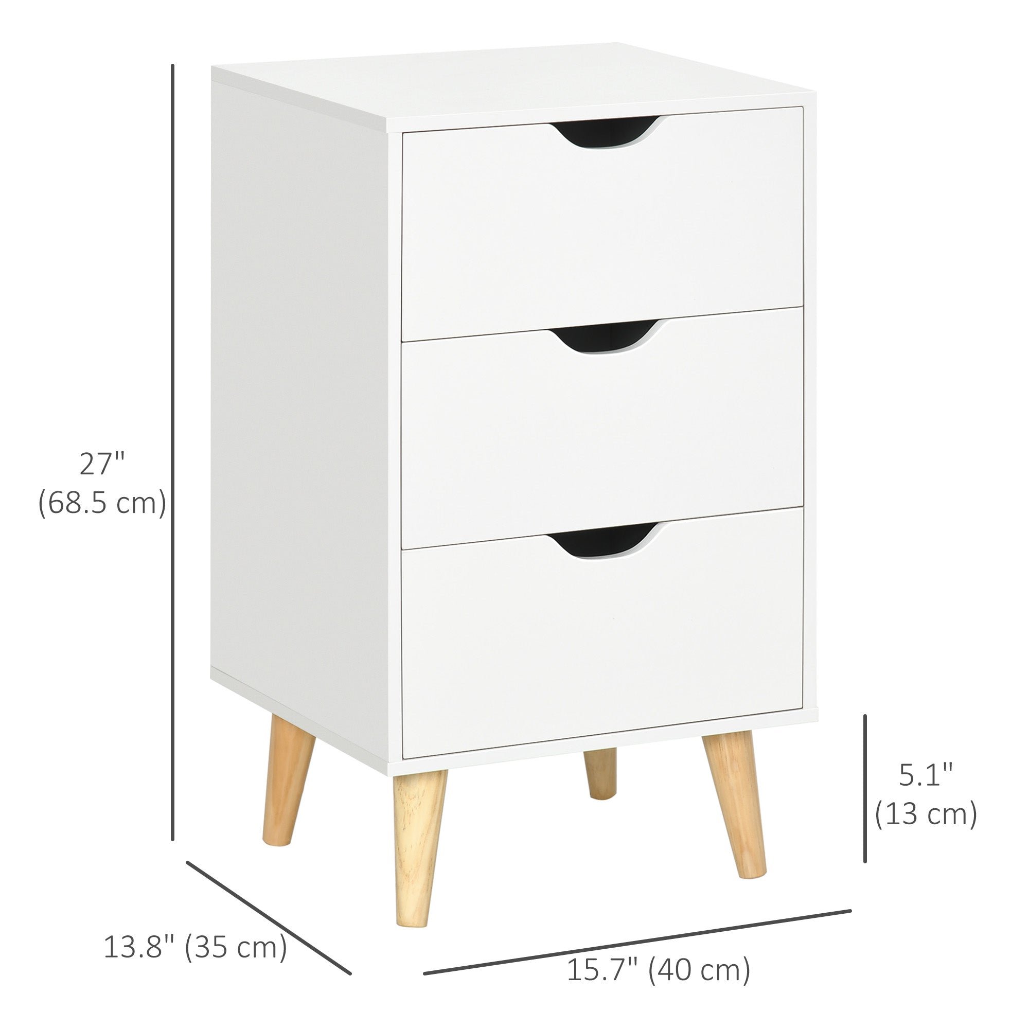HOMCOM Nightstand, Bedside Table with 3 Drawers, Small Side Table with Wood Legs and Cut-out Handles for Bedroom, White