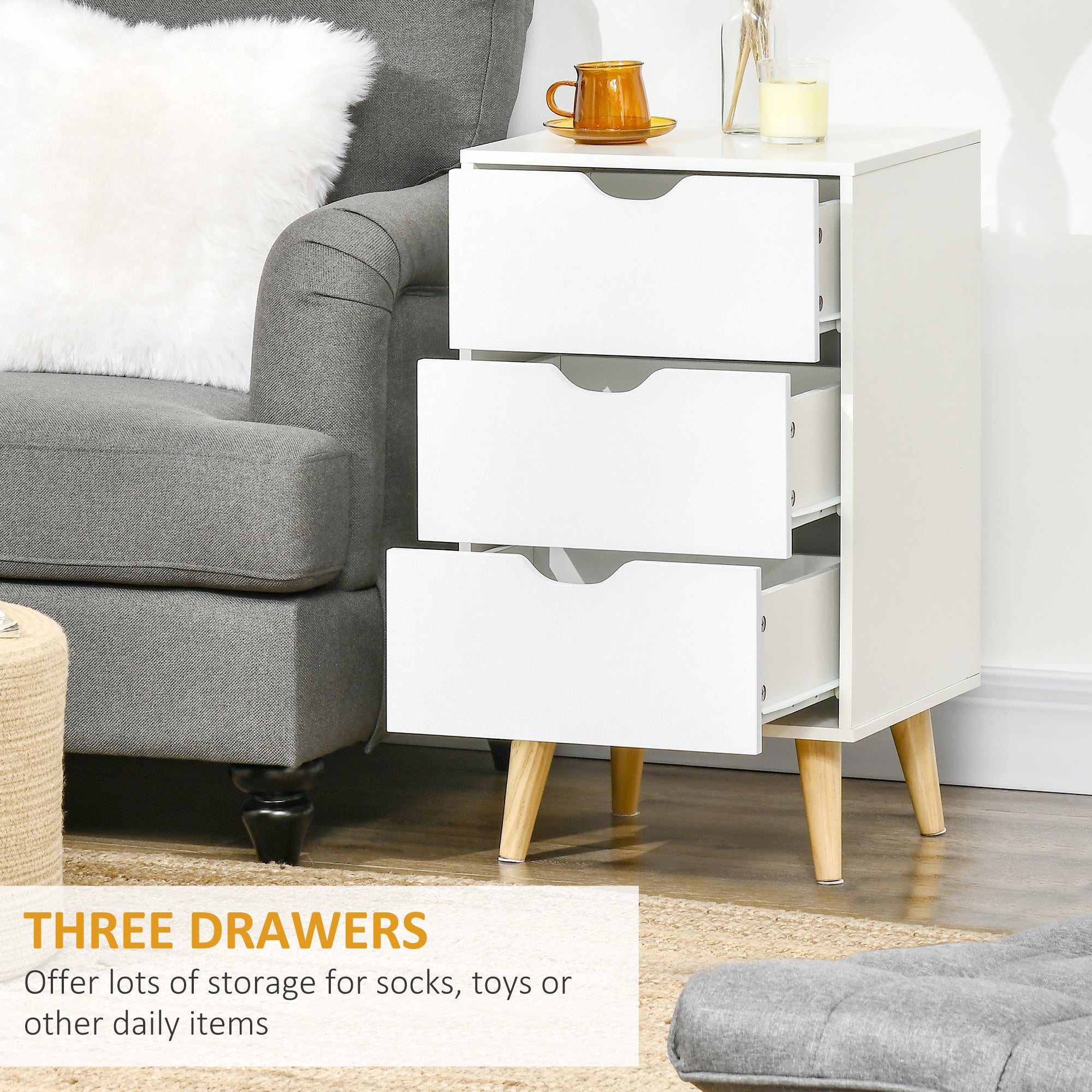 HOMCOM Nightstand, Bedside Table with 3 Drawers, Small Side Table with Wood Legs and Cut-out Handles for Bedroom, White