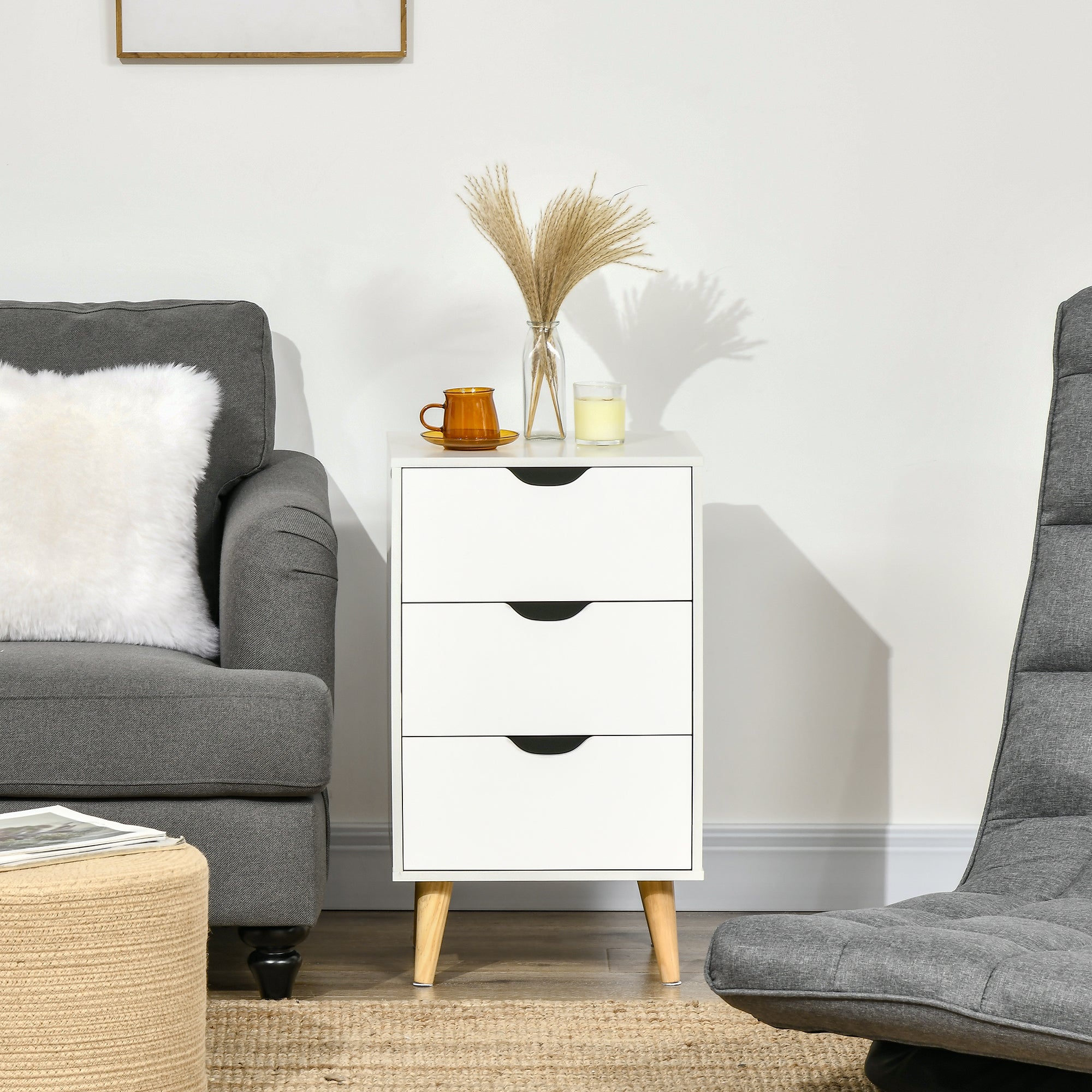 HOMCOM Nightstand, Bedside Table with 3 Drawers, Small Side Table with Wood Legs and Cut-out Handles for Bedroom, White