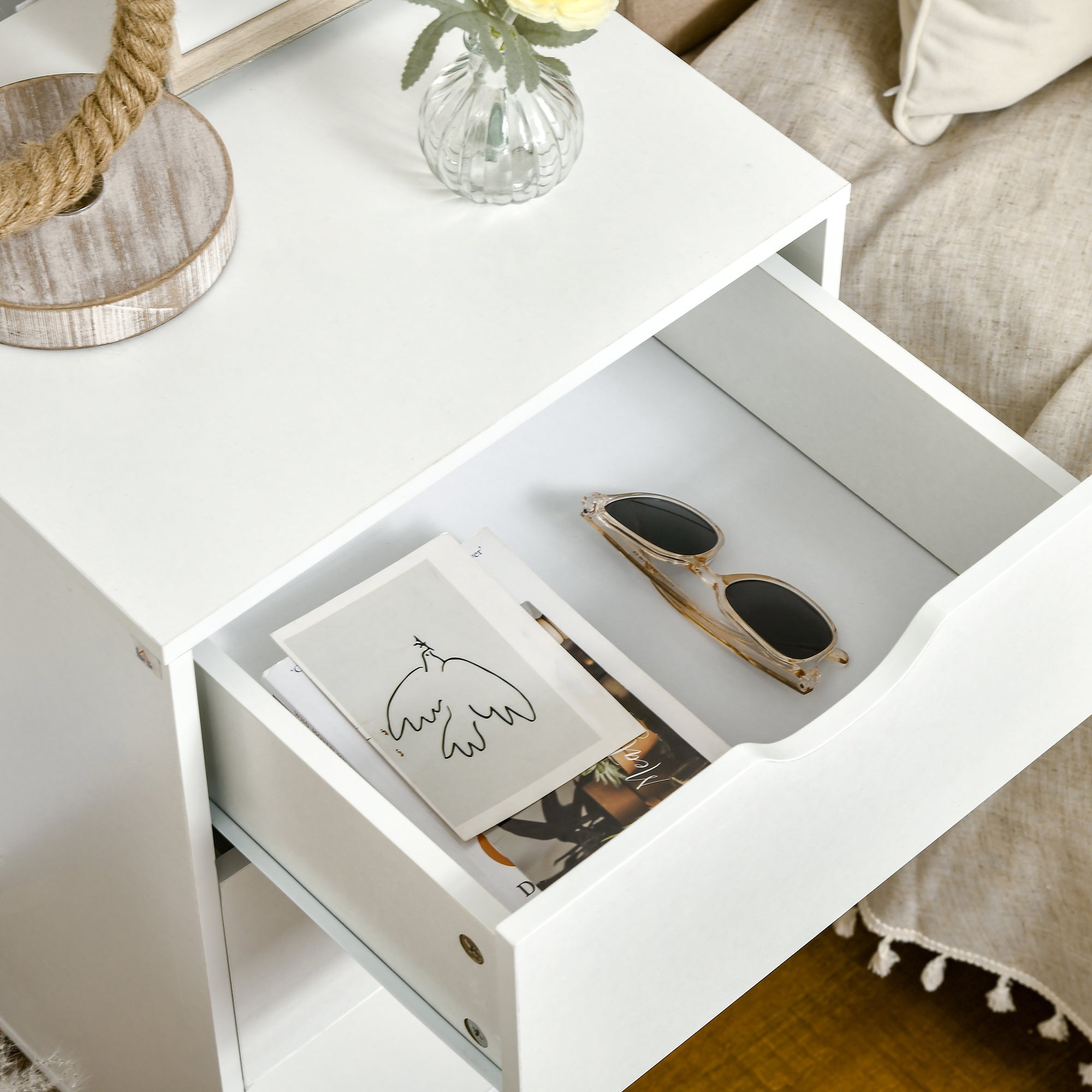 HOMCOM Nightstand, Bedside Table with 3 Drawers, Small Side Table with Wood Legs and Cut-out Handles for Bedroom, White