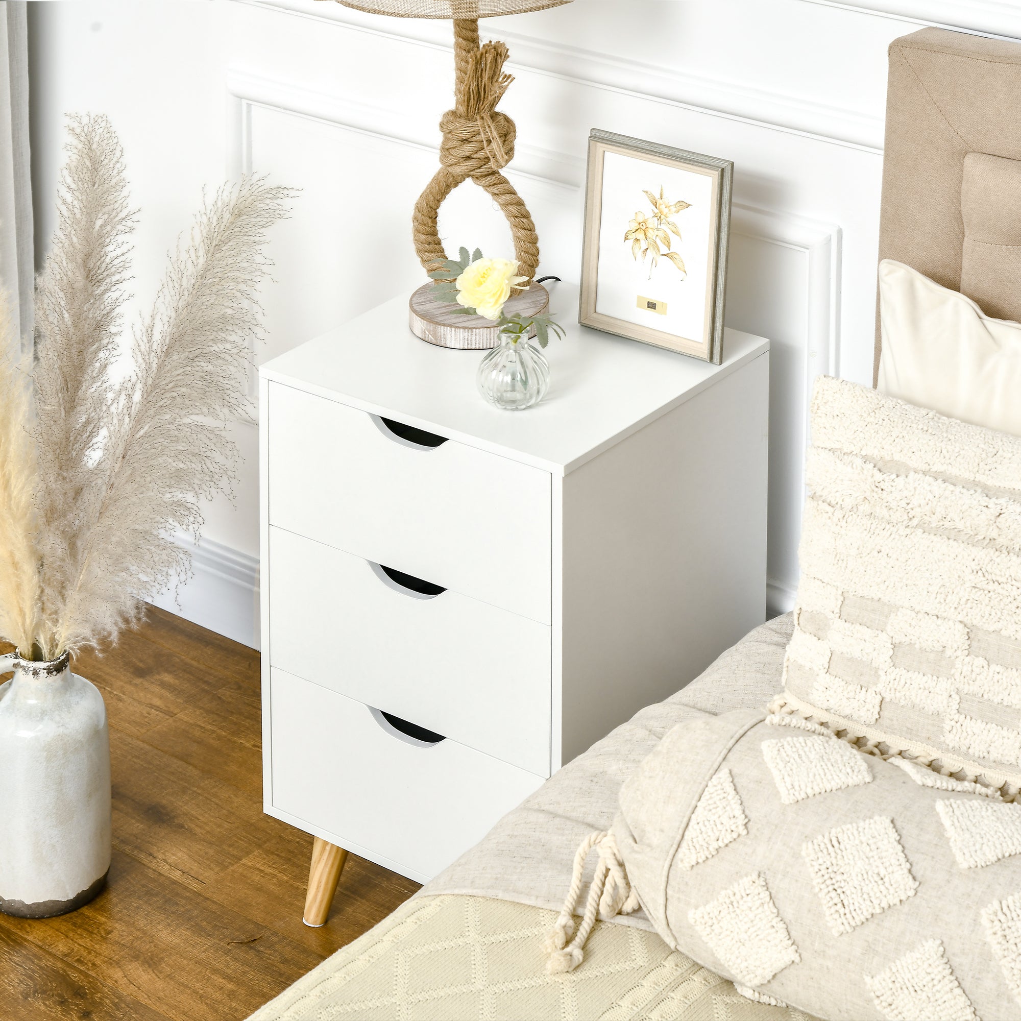HOMCOM Nightstand, Bedside Table with 3 Drawers, Small Side Table with Wood Legs and Cut-out Handles for Bedroom, White