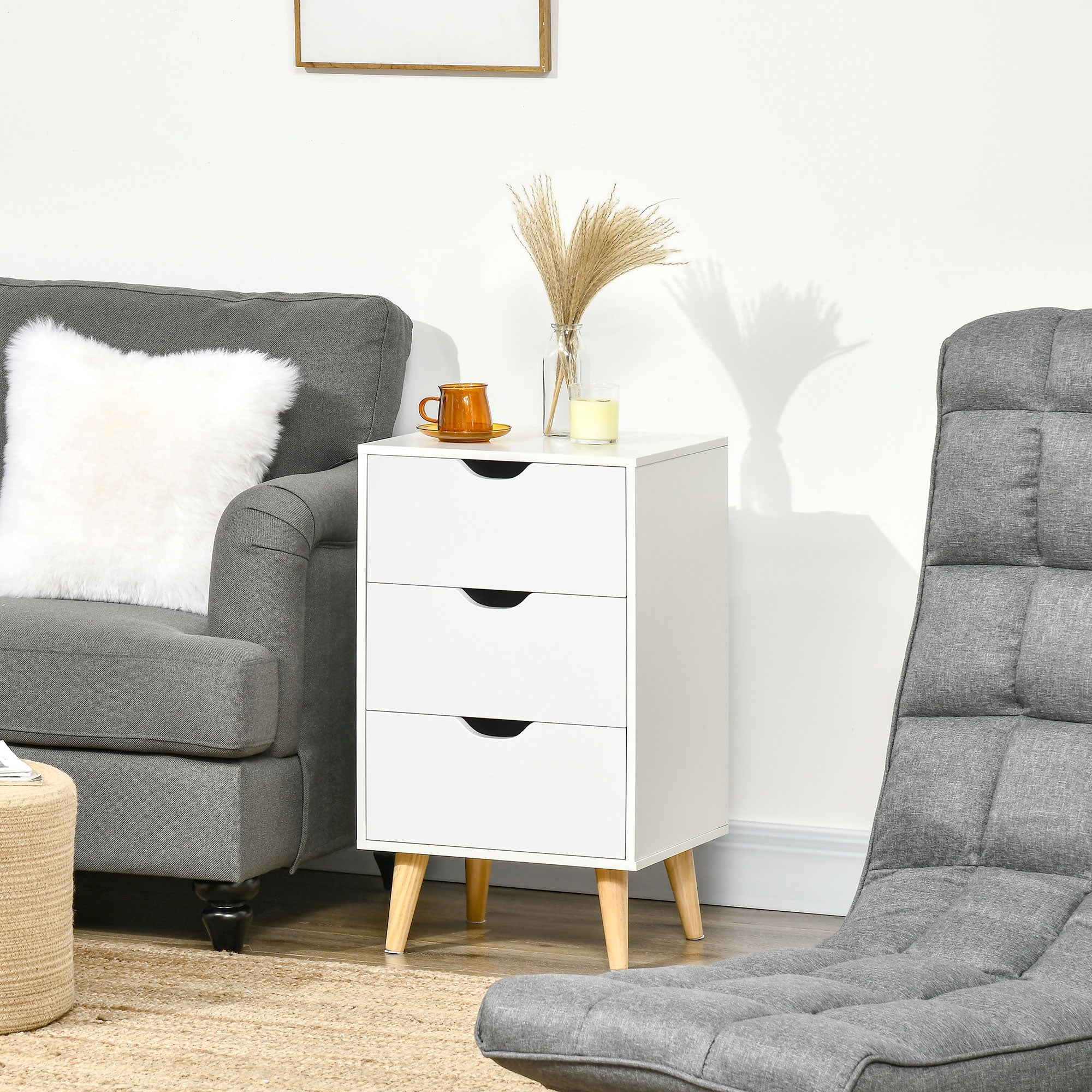 HOMCOM Bedside Table, Bedside Cabinet with 3 Drawers, Small Side Table with Wood Legs and Cut-out Handles for Bedroom, White