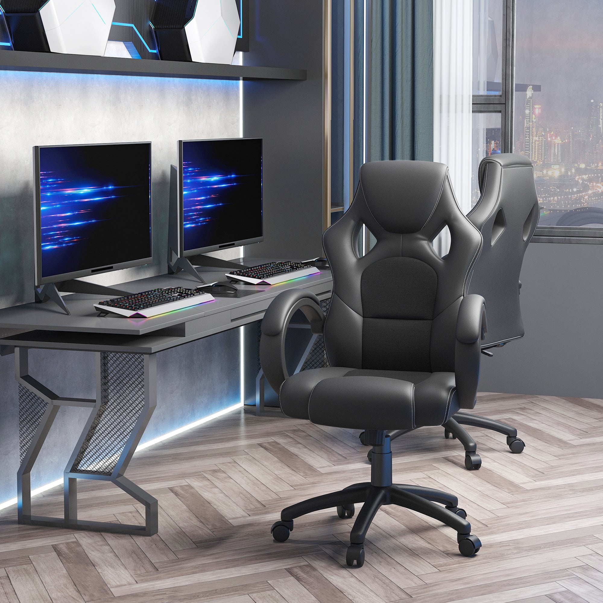 Vinsetto High-Back Gaming Chair Faux Leather Swivel Computer Racing Gamer Desk Chair for Home Office with Wheels, Black