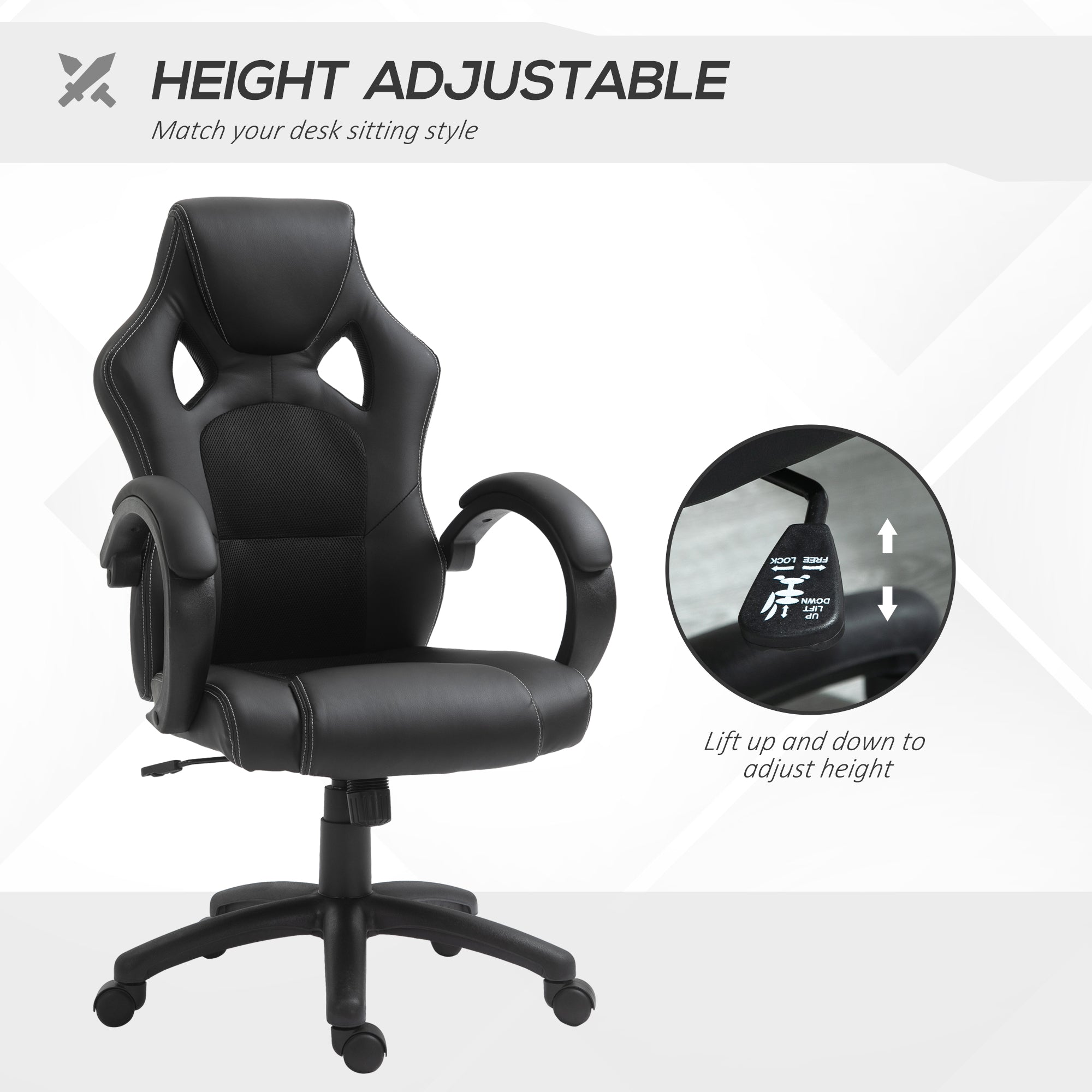 Vinsetto High-Back Gaming Chair Faux Leather Swivel Computer Racing Gamer Desk Chair for Home Office with Wheels, Black