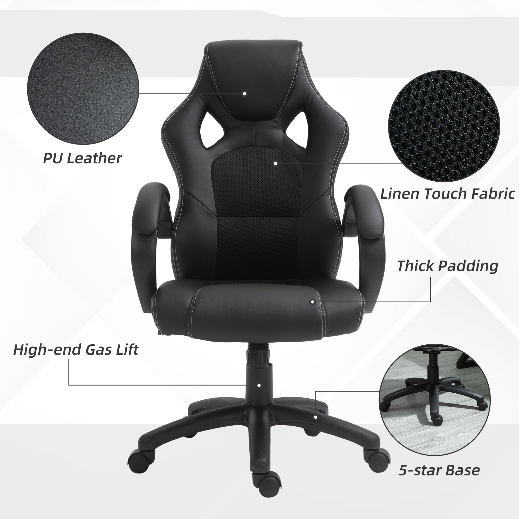Vinsetto High-Back Gaming Chair Faux Leather Swivel Computer Racing Gamer Desk Chair for Home Office with Wheels, Black
