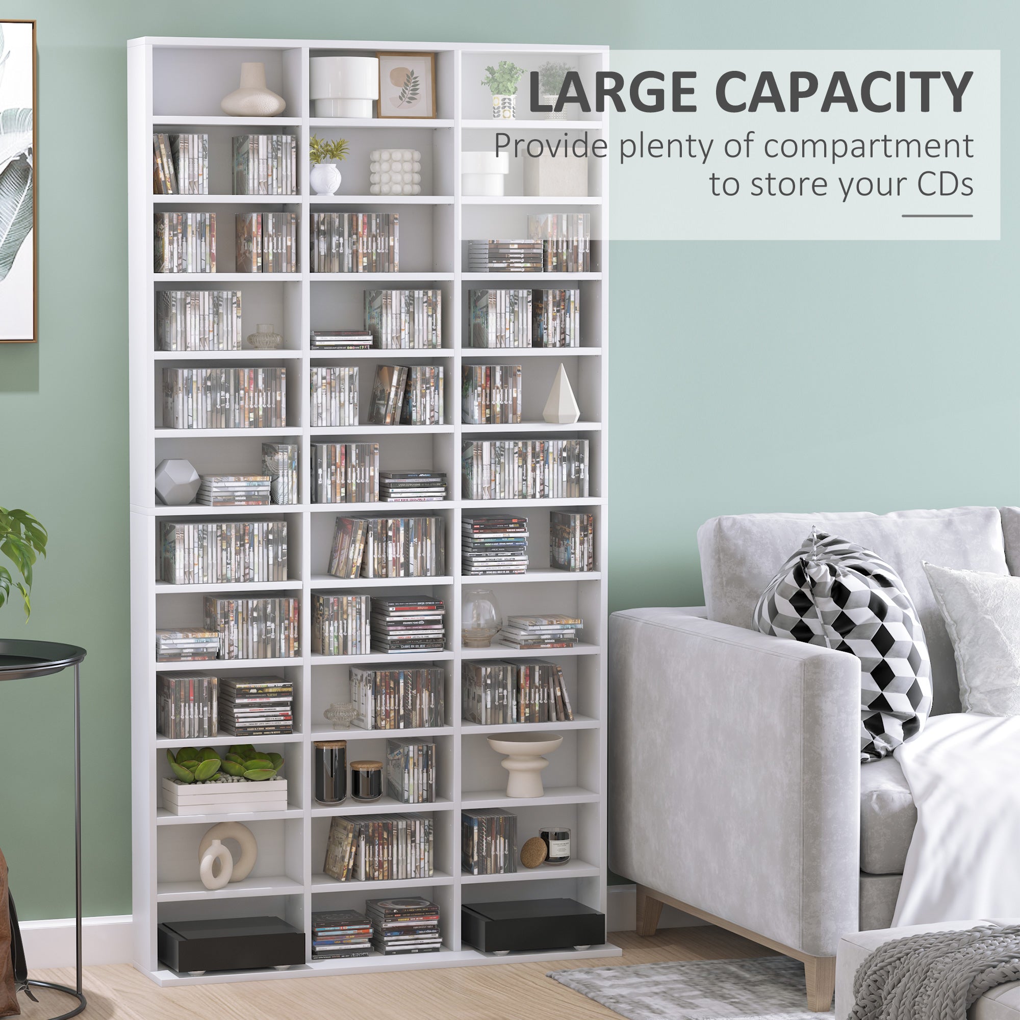 1116 CD/ 528 DVD Storage Unit, Media Storage Shelf, Wooden Display Unit with Adjustable Shelves, 102 x 195 cm, White