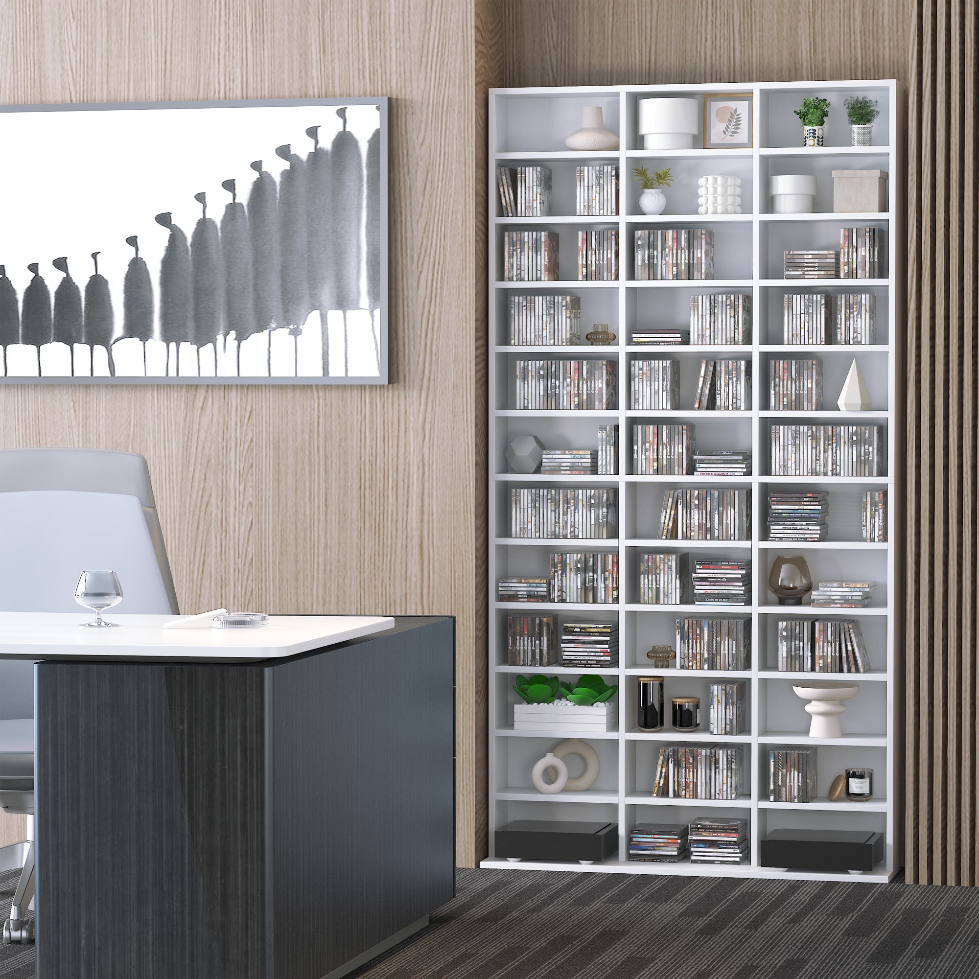 1116 CD/ 528 DVD Storage Unit, Media Storage Shelf, Wooden Display Unit with Adjustable Shelves, 102 x 195 cm, White