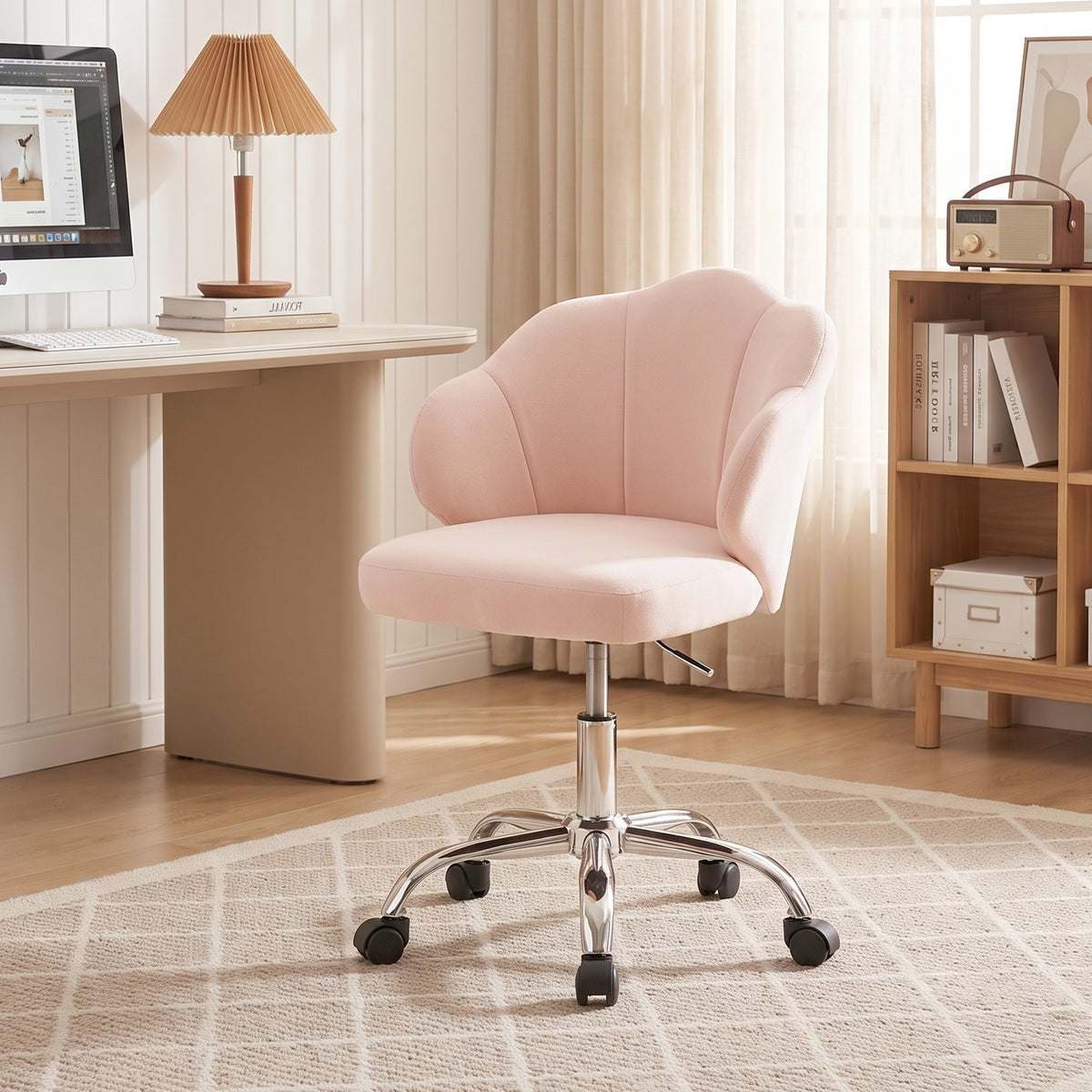 Petal Office Chair with Swivel Wheels, Task Desk Chair with Wide Seat, Velvet, Adjustable Height, Rocking, for Home Office or Makeup Vanity, Pink