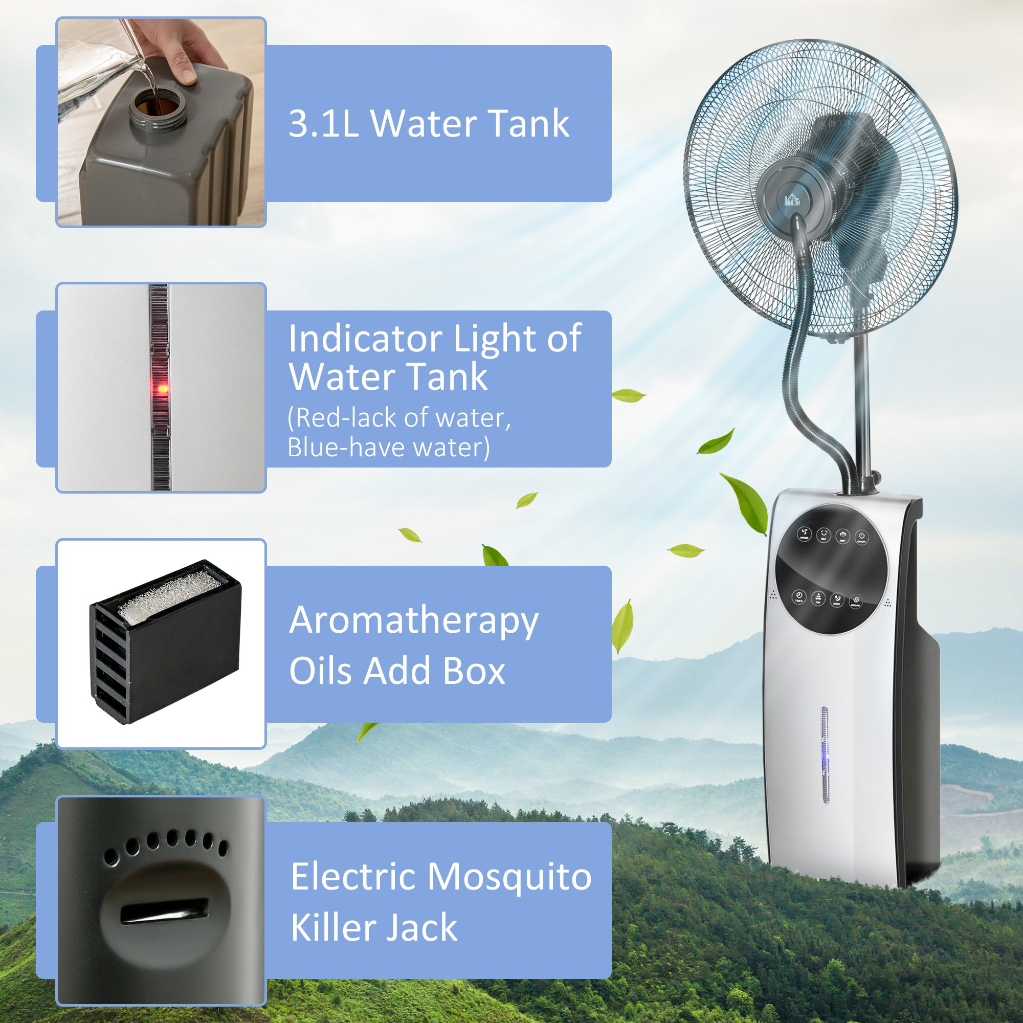 Pedestal Fan with Water Mist Spray, Spray Misting Fan with 70° Oscillation, Tilt Head, 3 Speeds, 3 Modes, Adjustable Mist, 3.1L Water Tank, Timer for Home, 135 cm