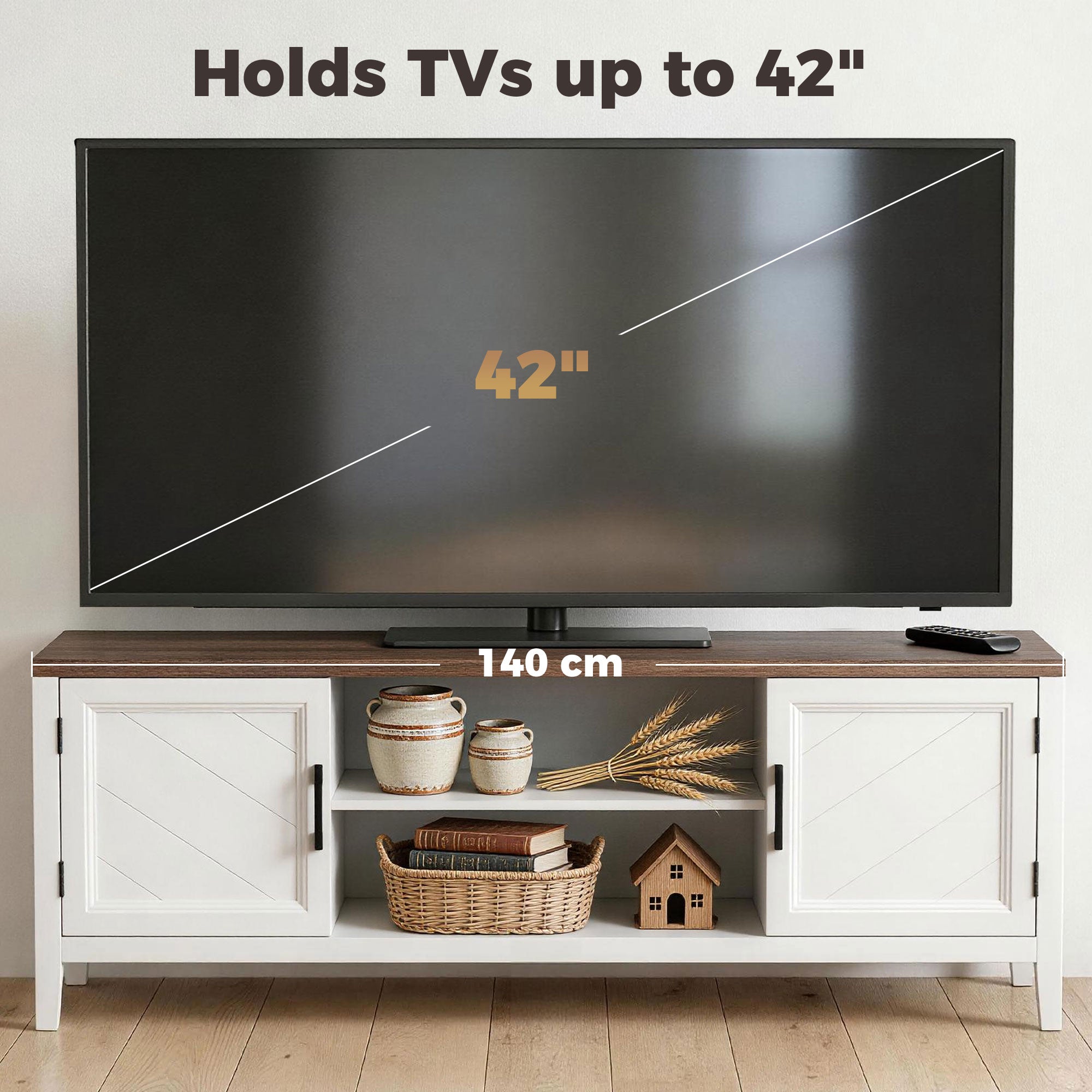 TV Stand for TVs up to 42 Inch, Farmhouse Entertainment Center with 2 Open Shelves, 2 Cabinets, Thick Top, Media Console Table for Living Room, White and Brown