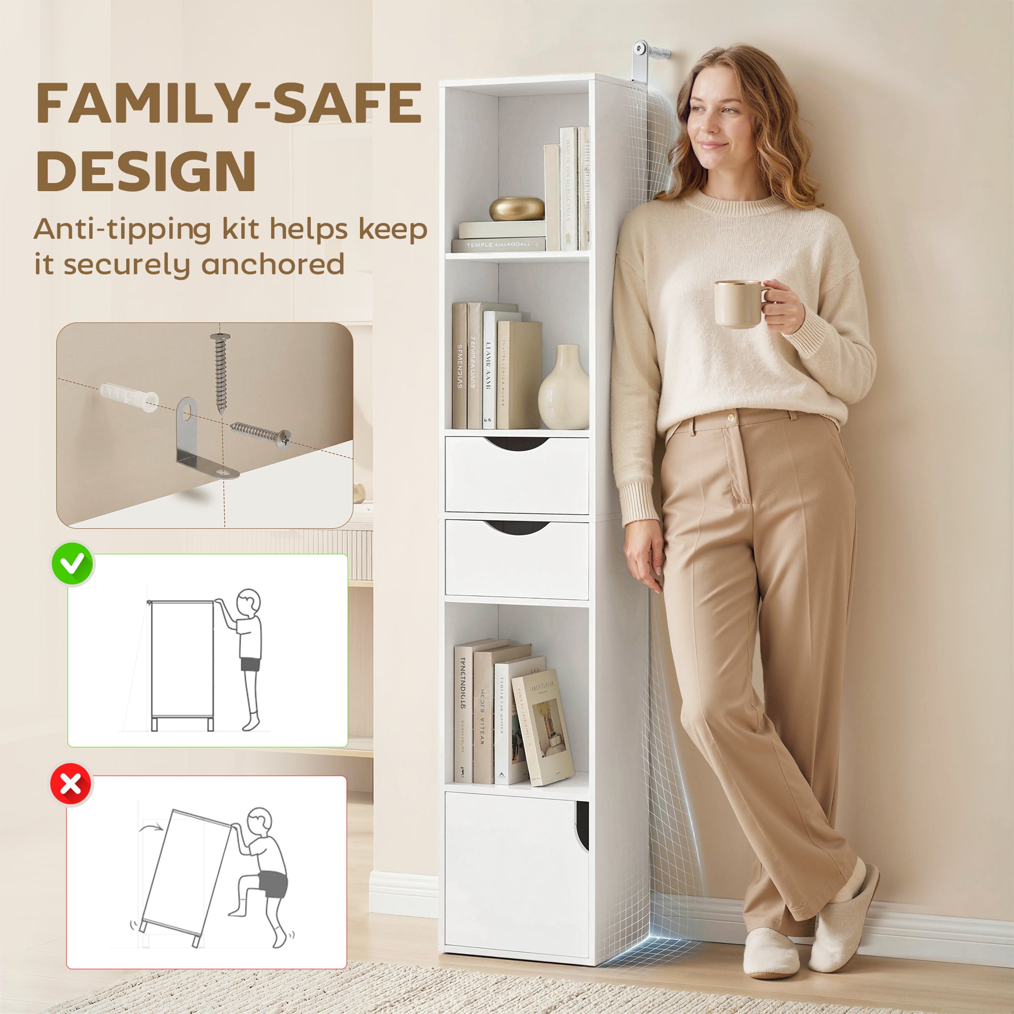 158 cm Bookcase with Drawers, 3-Tier Bookshelf, Slim Storage Cabinet with Doors, Adjustable Shelf for Living Room, Bedroom, Home Office, White