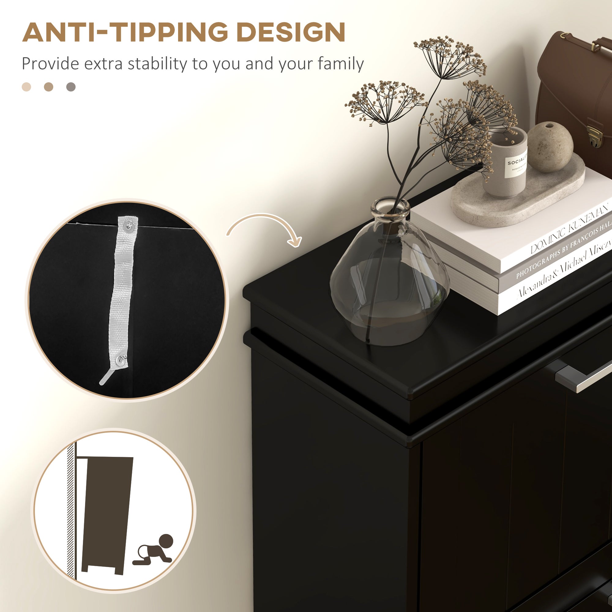 HOMCOM Shoe Cabinet for entryway, Narrow Shoe Storage Cabinet with 3 Flip Drawers and Adjustable Shelves for 15 Pairs of Shoes, Black