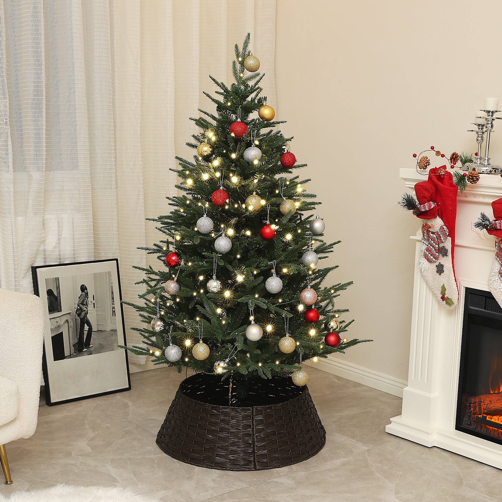 5ft Prelit Christmas Tree with 542 Tips, Warm White LED Lights and Steel Base, Hinged Artificial Xmas Tree, Automatic Open, Green